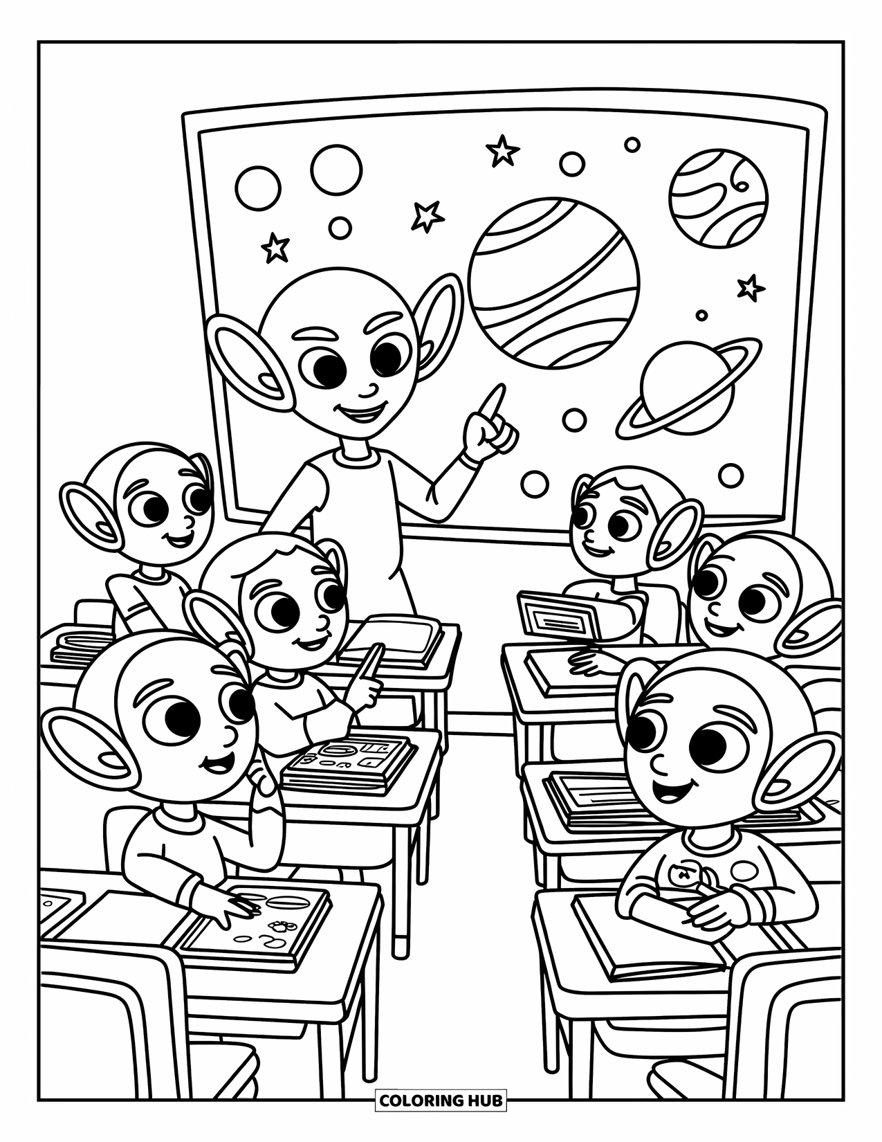 Coloriage de planète pour enfants : Un enseignant extraterrestre amical montre le système solaire à des élèves enthousiastes dans une classe amusante sur le thème de l’espace