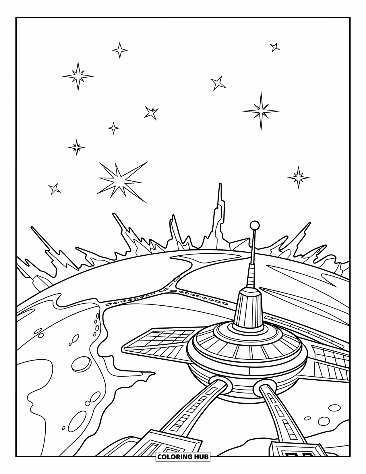 Coloriage de planète pour enfants : Une station spatiale futuriste se trouve à la surface d’une planète, entourée d’étoiles et de paysages cratérisés