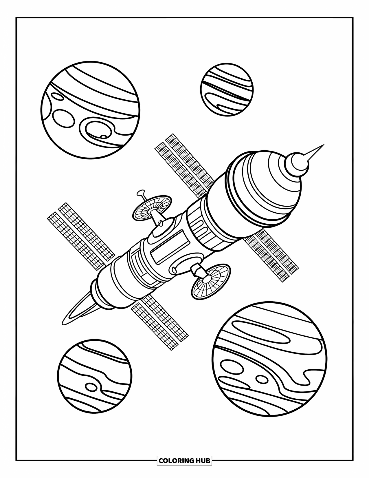 Coloriage de planète pour enfants : Une station spatiale futuriste voyage près de Mars et de Jupiter, entourée de caractéristiques élégantes et stylisées