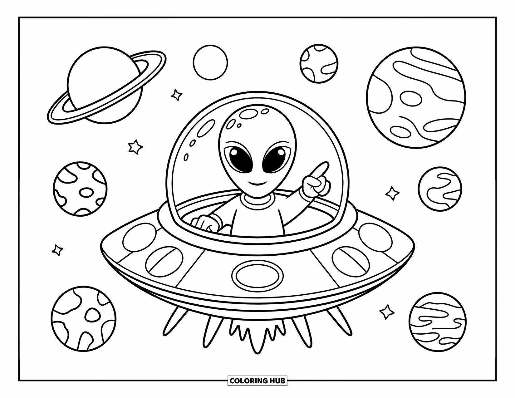 Coloriage de planète pour enfants : Un extraterrestre gloussant fait signe depuis la fenêtre de son vaisseau spatial, pointant avec enthousiasme vers les huit planètes devant
