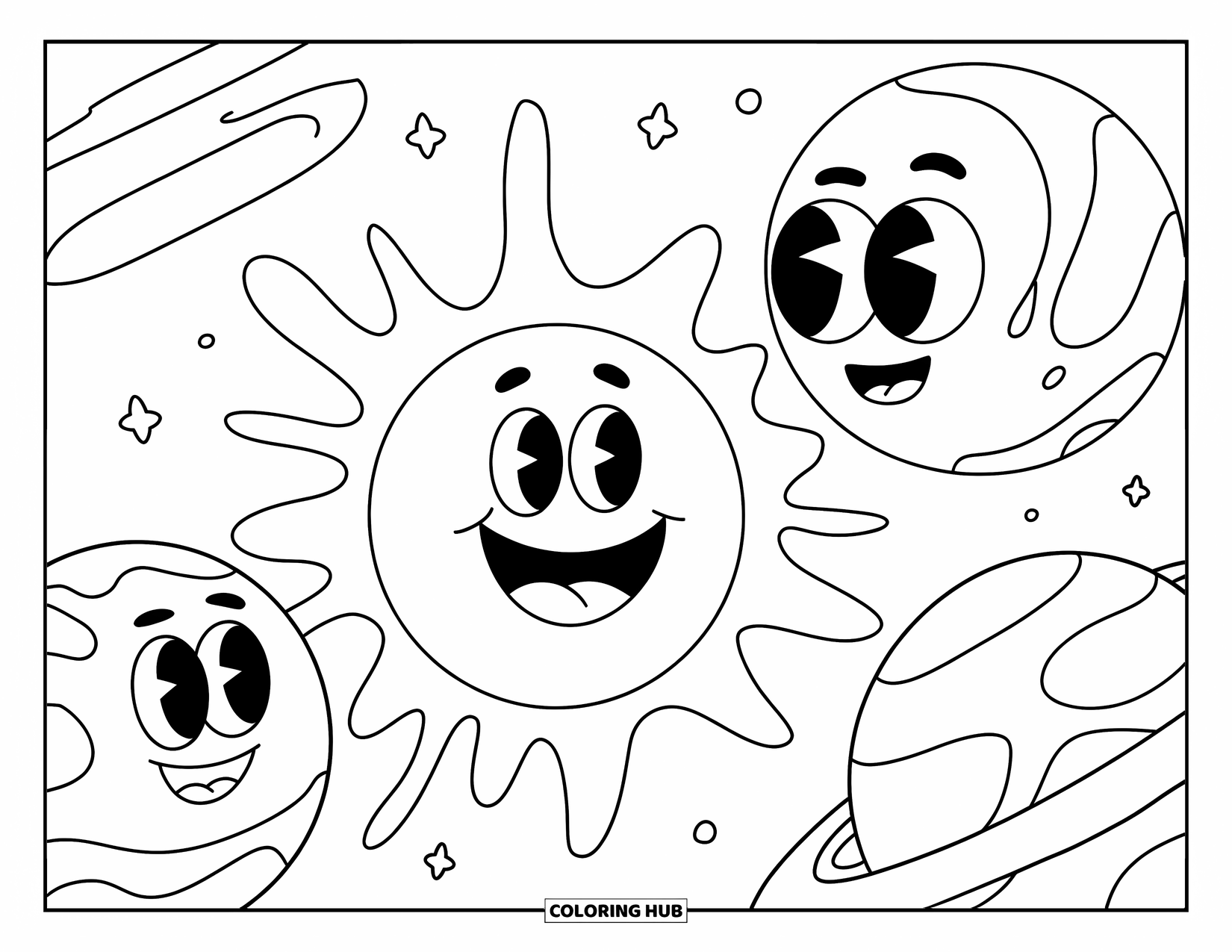 Coloriage de planète pour enfants : Un soleil gloussant flotte avec deux planètes aux visages amusants en orbite rapprochée, entourées de petites étoiles