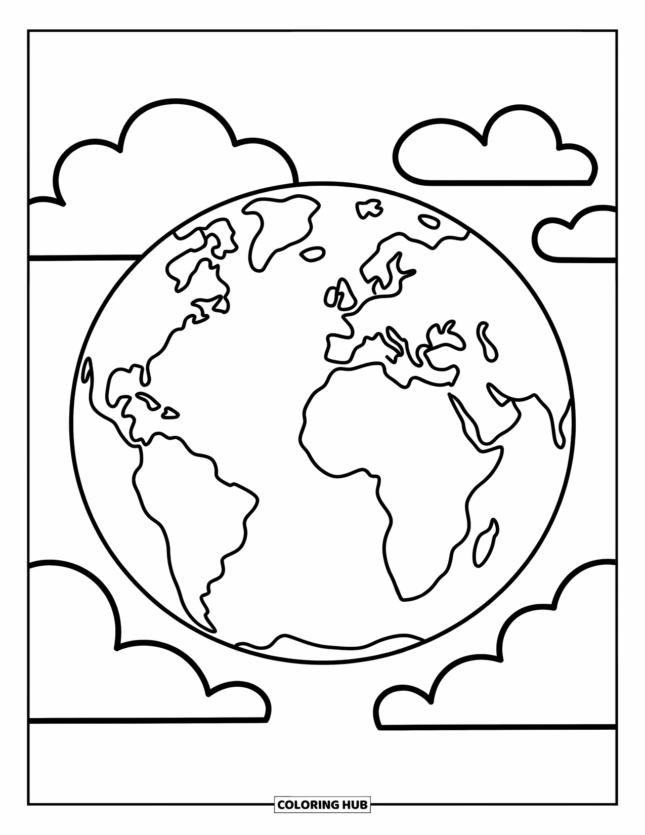 Coloriage de planète pour enfants : Une Terre joyeuse tourne doucement avec de grands continents, des nuages ​​duveteux et des formes ludiques tout autour