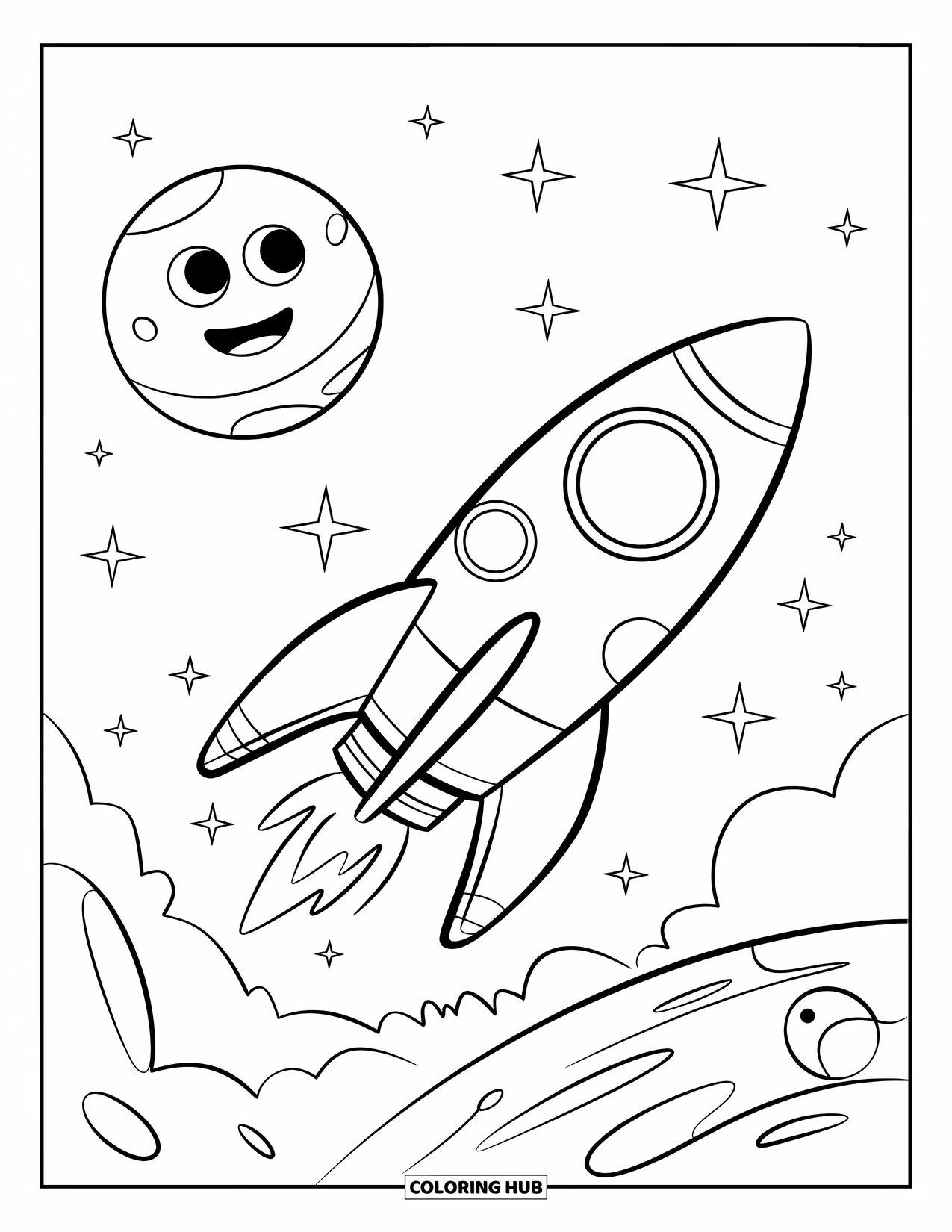 Coloriage de planète pour enfants : Une fusée joyeuse passe devant une planète souriante avec de grandes fenêtres et des étoiles scintillantes dans le ciel