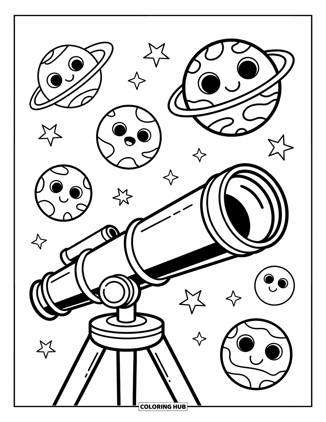 Coloriage de planète pour enfants : Un long télescope pointe vers des planètes joyeuses avec des visages amusants et des détails ludiques