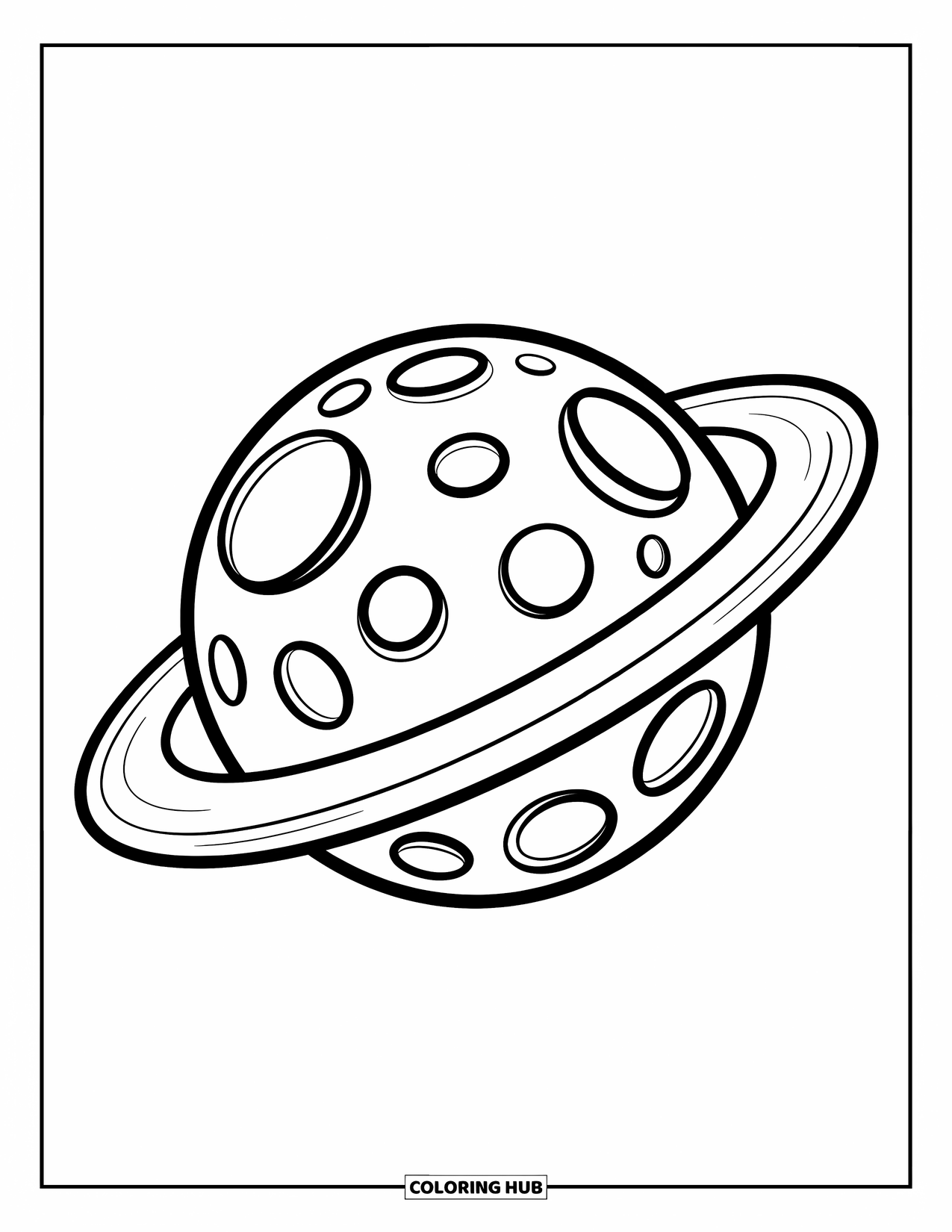 Coloriage de planète pour enfants : Une planète avec de grands cratères et un anneau géant flotte joyeusement dans l’espace, souriant aux étoiles