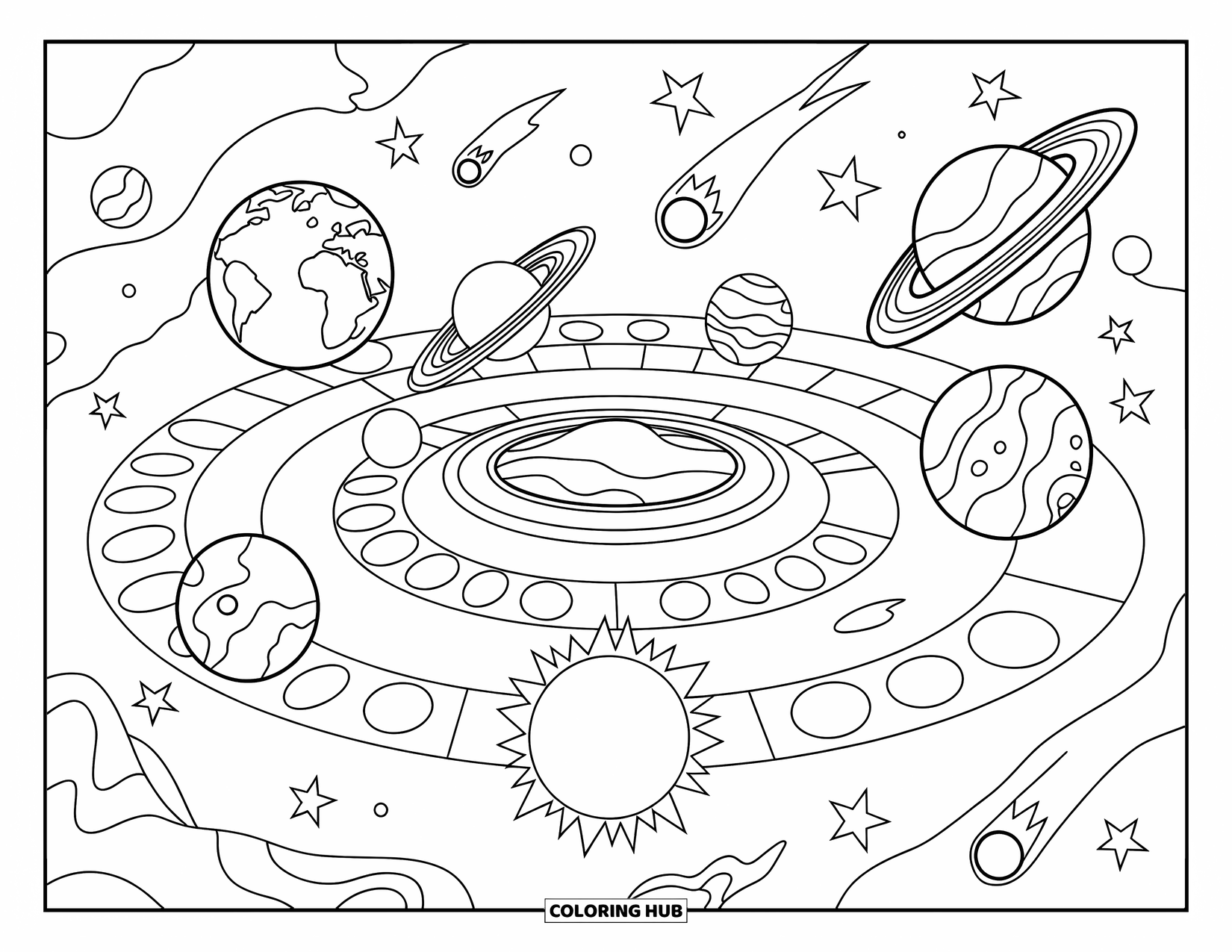 Coloriage de planète pour enfants : Un jeu de société ludique sur le système solaire présente des planètes en orbite comme pièces de jeu avec des détails amusants