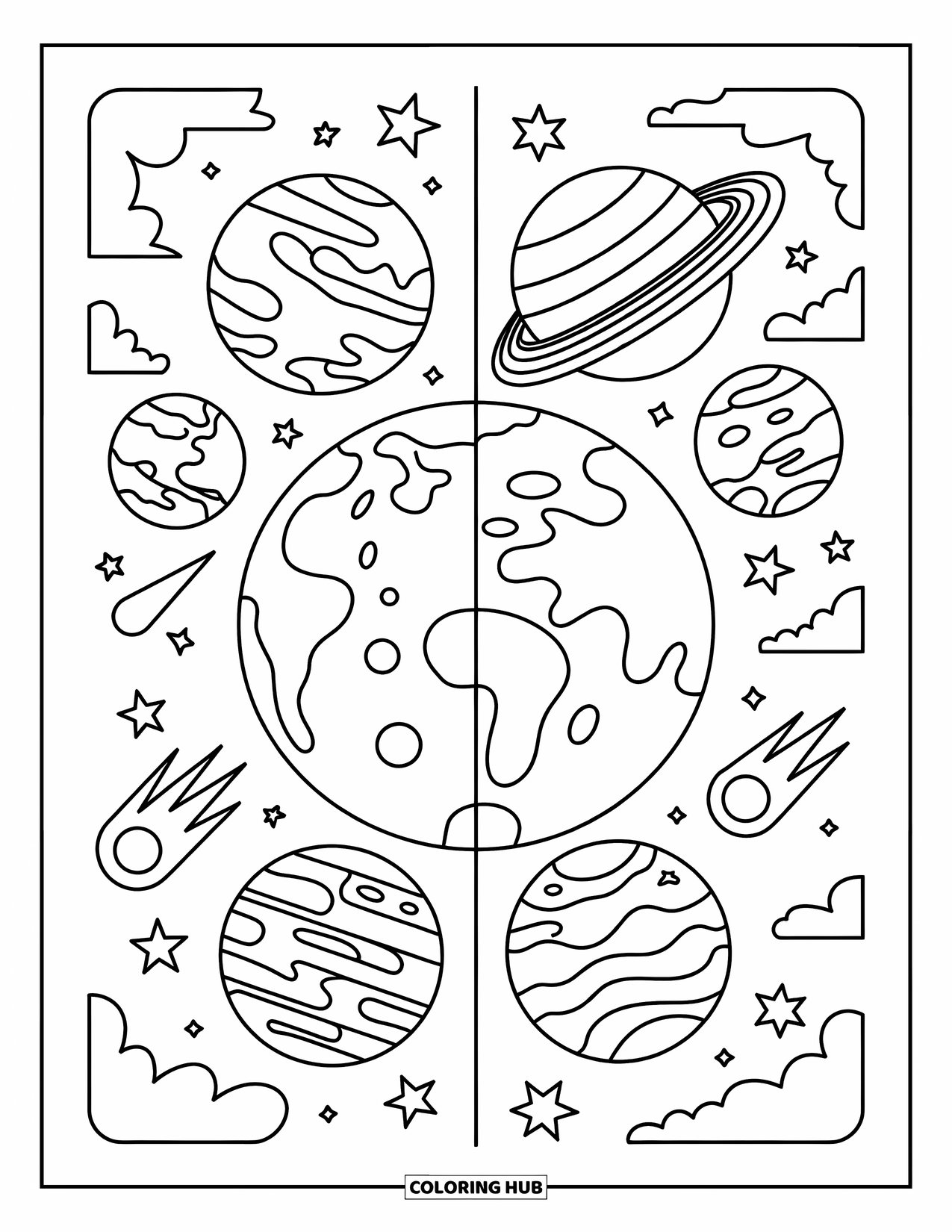 Coloriage de planète pour enfants : Une vue partagée ludique montre les planètes de Mercure à Neptune avec des étoiles, des comètes et des détails amusants
