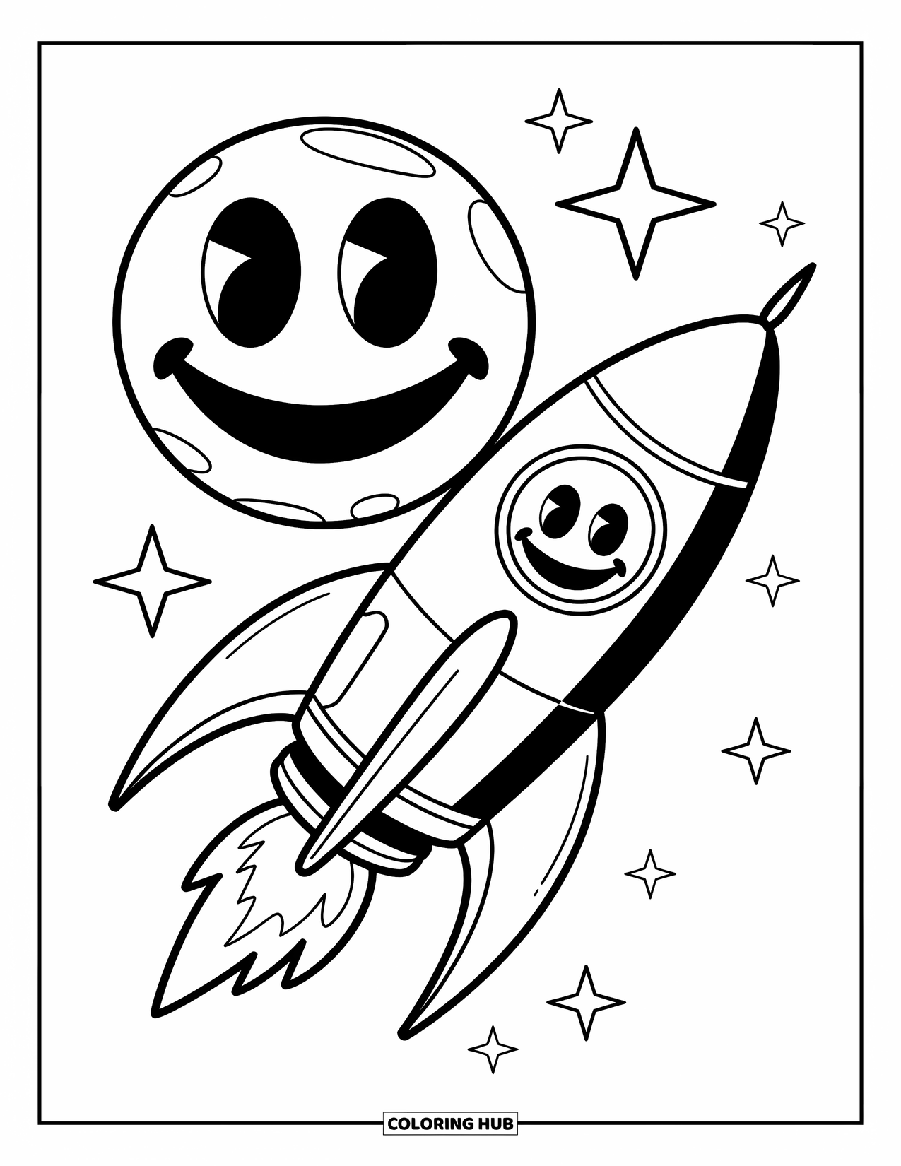 Coloriage de planète pour enfants : Une fusée avec un visage joyeux passe devant une planète souriante tandis que des étoiles scintillent tout autour