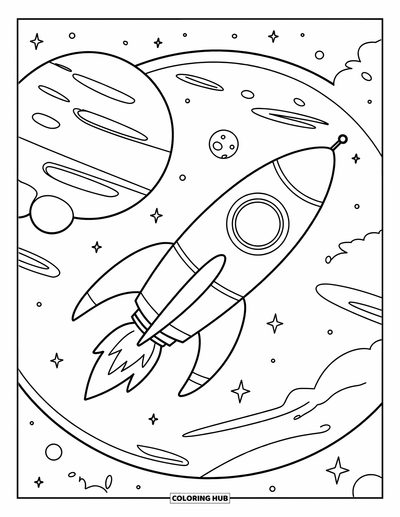 Coloriage de planète pour enfants : Une fusée avec des fenêtres rondes passe devant une grande planète avec des nuages ​​et de minuscules lunes qui tournent autour