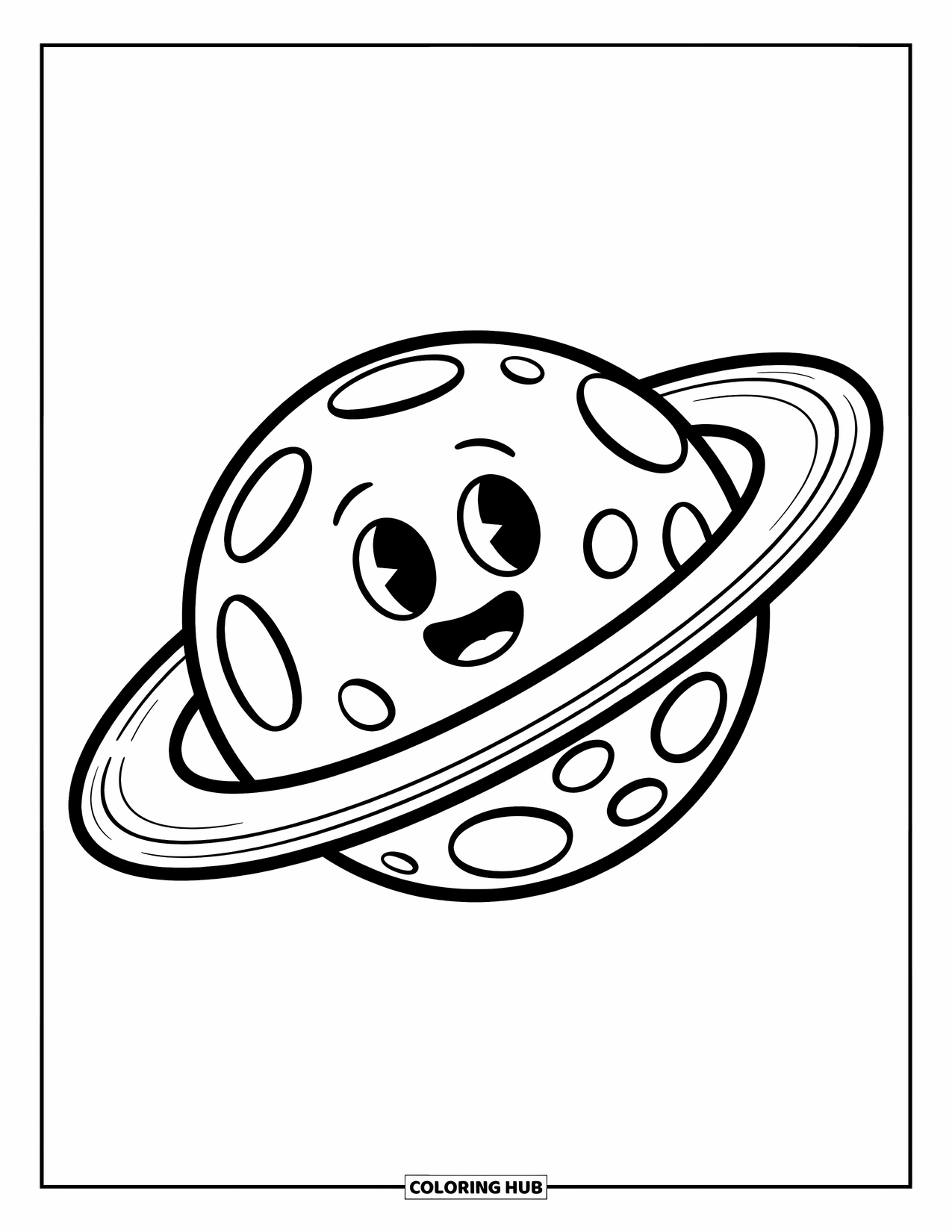 Coloriage de planète pour enfants : Une planète ronde avec un visage amical tourne avec un anneau épais rempli d’étoiles enroulé autour d’elle
