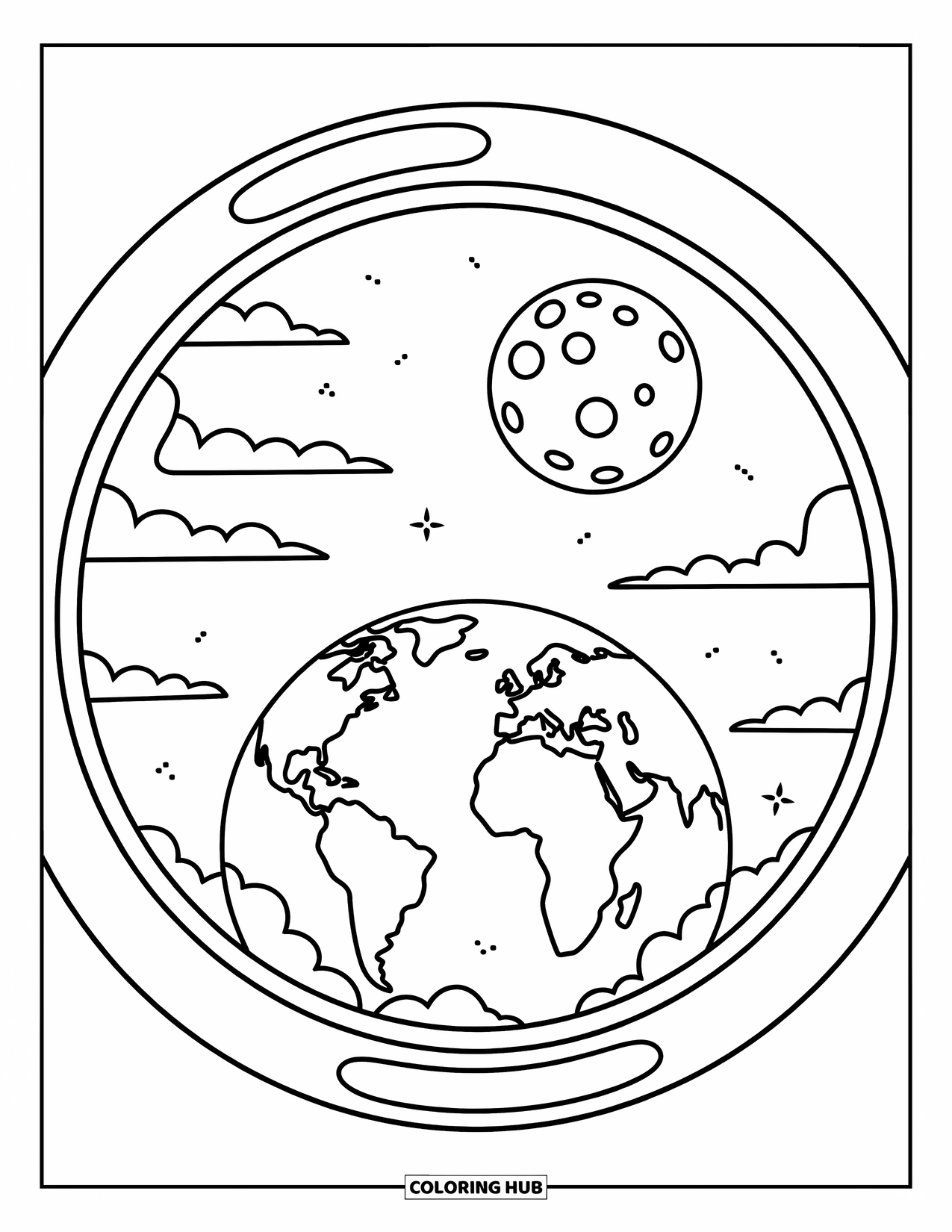 Coloriage de planète pour enfants : Une fenêtre ronde montre la Terre de près et la lune brillant au loin