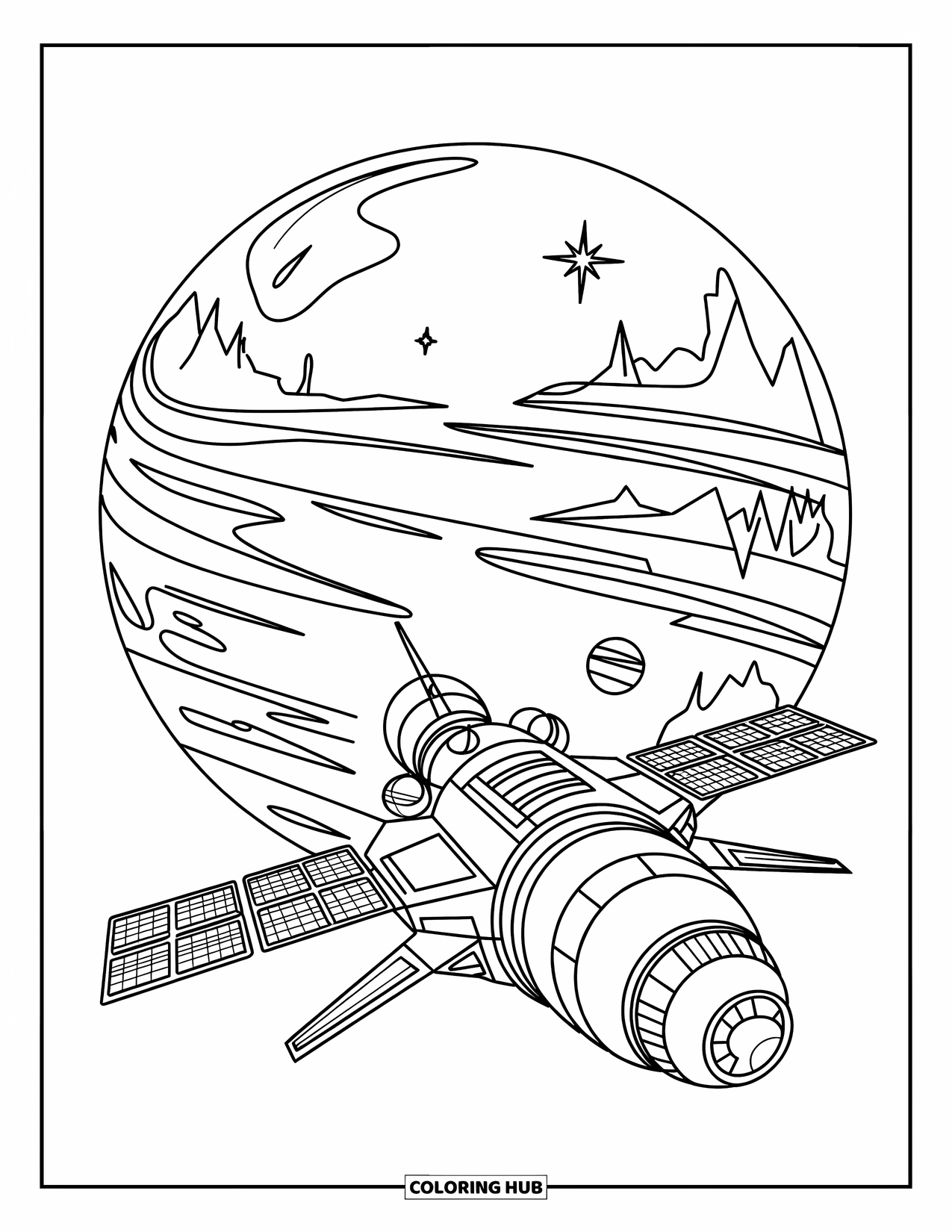 Coloriage de planète pour enfants : Une station spatiale élégante s’élève au-dessus des montagnes et des rivières sous un ciel rempli d’étoiles lointaines