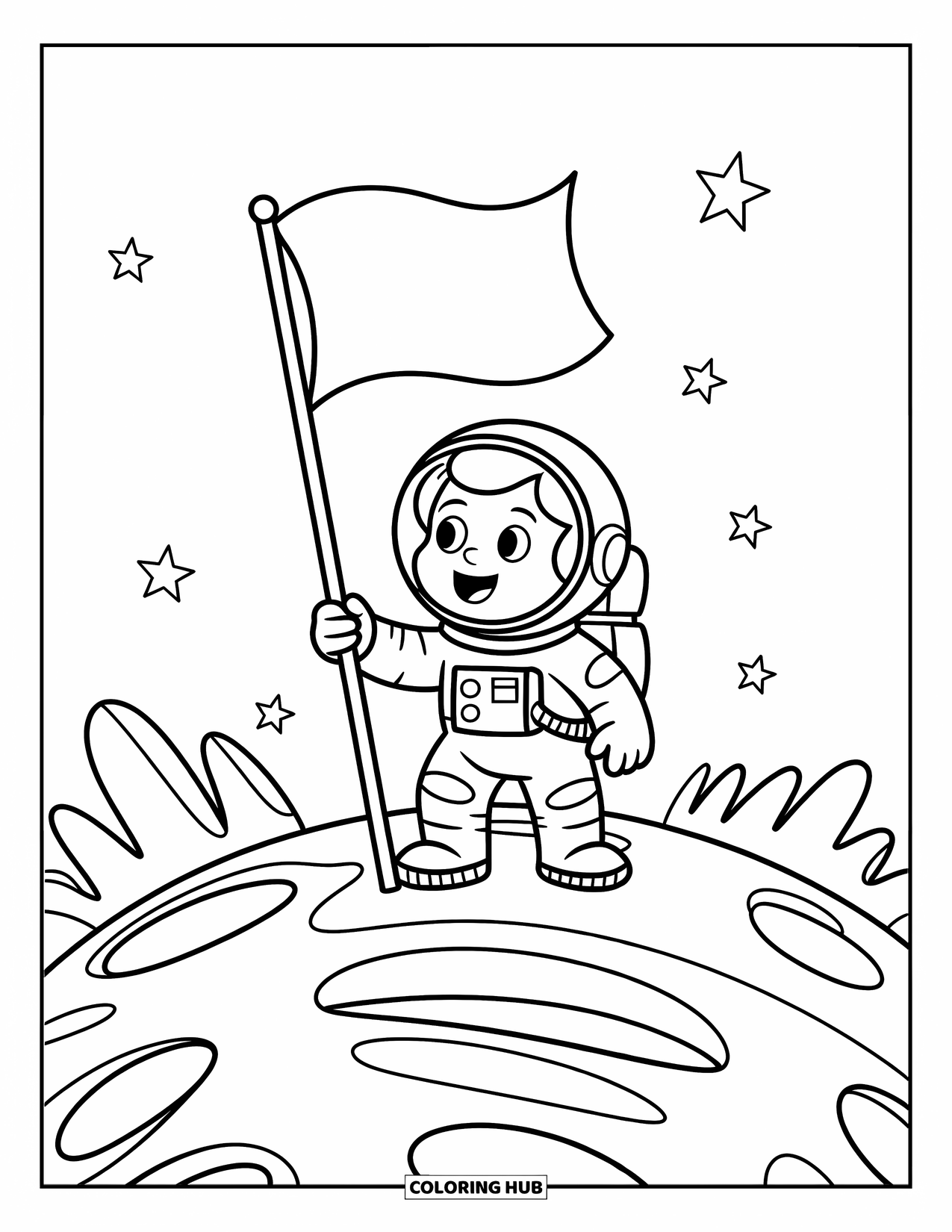 Coloriage de planète pour enfants : Un astronaute souriant fait signe de la main à côté d’un drapeau sur une petite planète bosselée avec des étoiles flottant à proximité