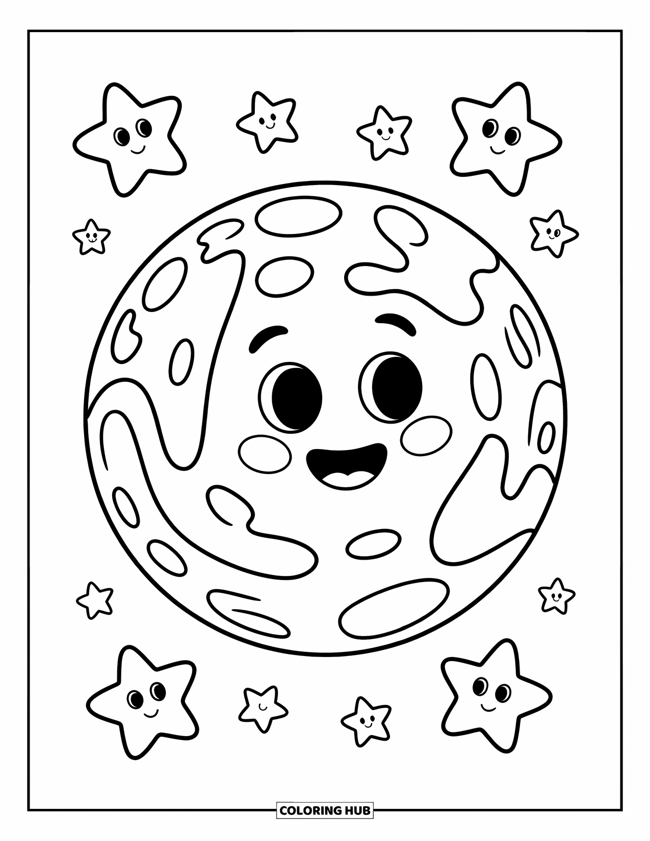 Coloriage de planète pour enfants : Une planète souriante avec de douces bosses est entourée d’étoiles gloussantes avec de petits visages