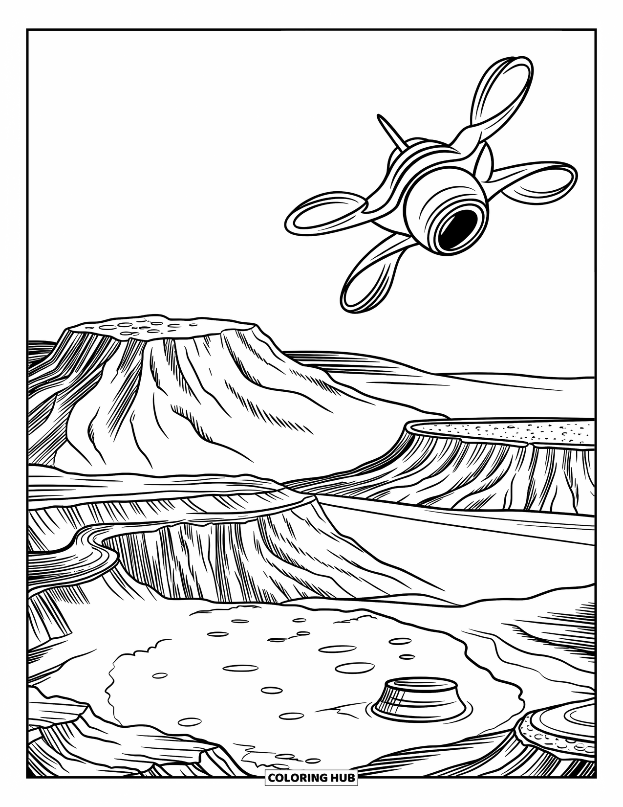 Coloriage de planète pour enfants : Un drone spatial plane au-dessus de Mars, avec des collines, des canyons et des régions glacées étiquetées en dessous