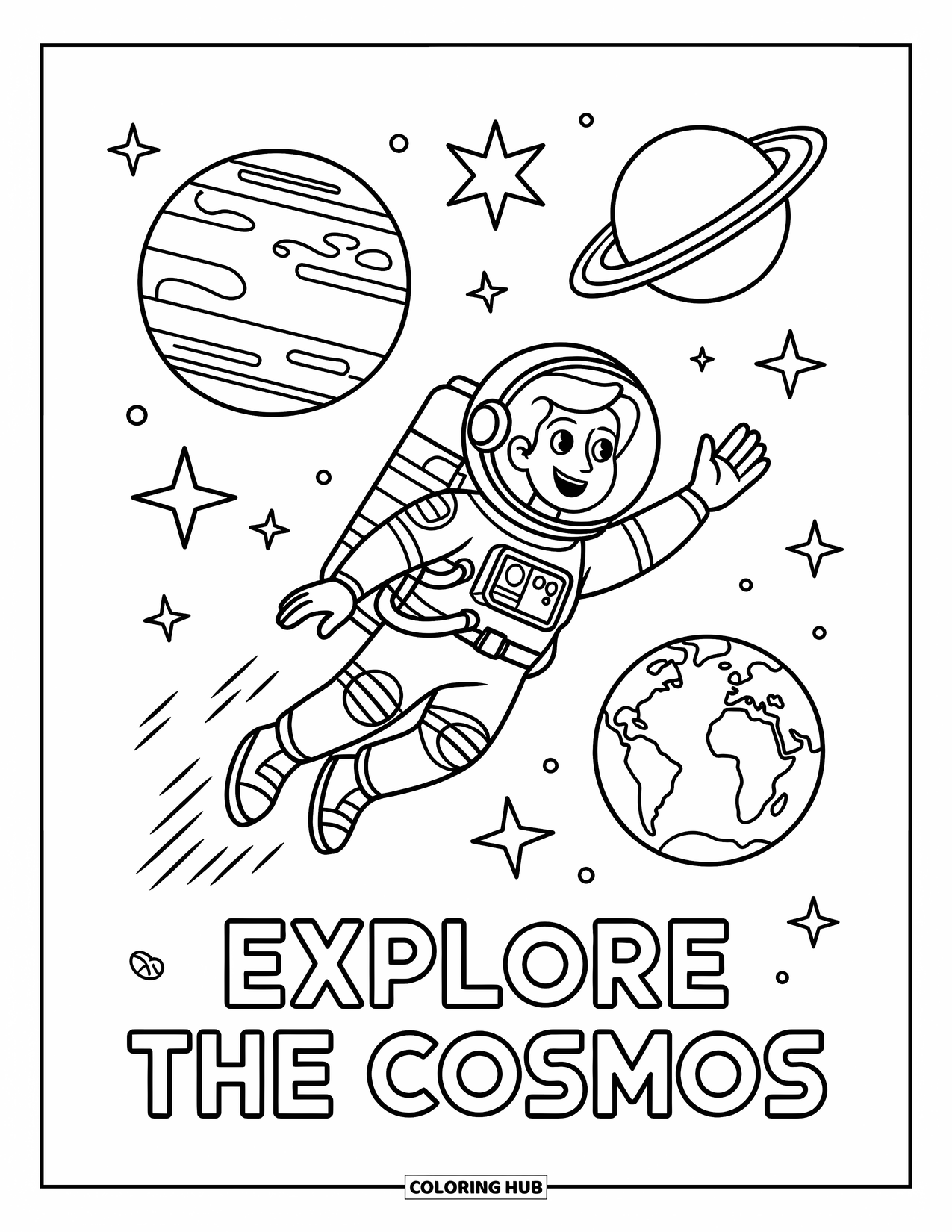 Coloriage de planète pour enfants : Un explorateur spatial flotte entre les planètes avec un jetpack, des étoiles et des orbites tout autour