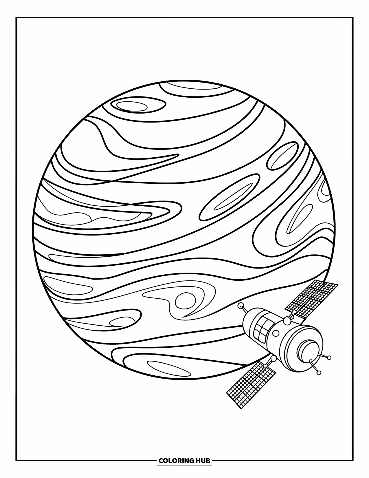 Coloriage de planète pour enfants : Une sonde spatiale orbite autour de Vénus, entourée de nuages tourbillonnants et de motifs cosmiques décoratifs