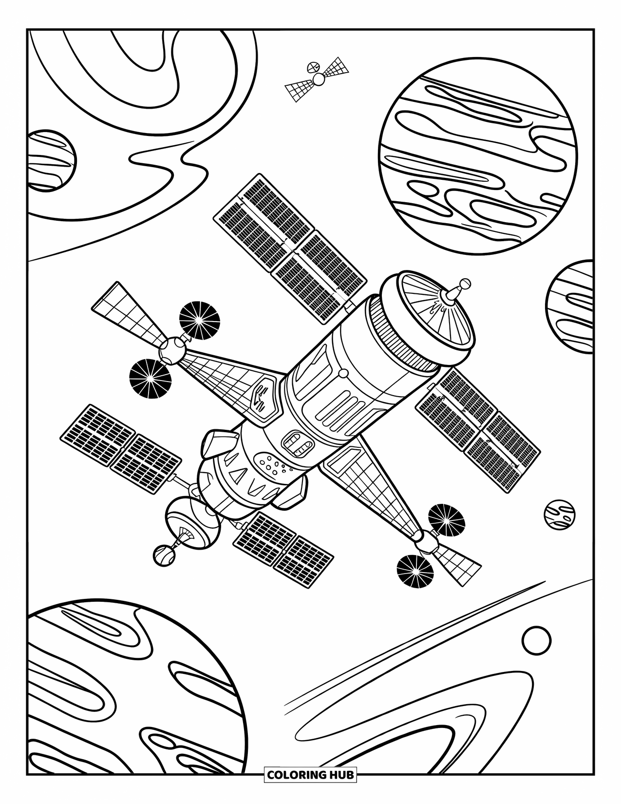 Coloriage de planète pour enfants : Une station spatiale flotte entre Mars et Jupiter avec des panneaux élégants et des touches futuristes