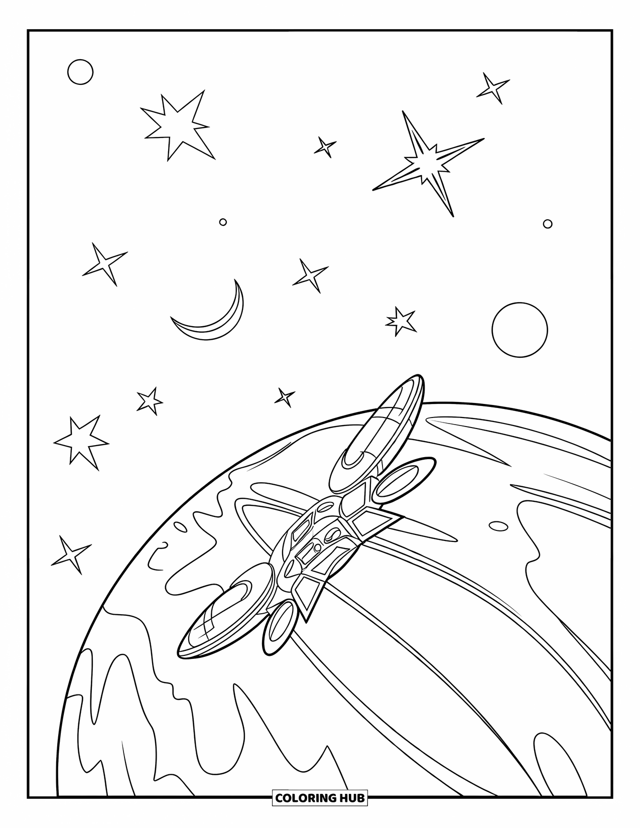 Coloriage de planète pour enfants : Une station spatiale se dresse sur une planète avec des étoiles scintillantes et un croissant de lune dans le ciel