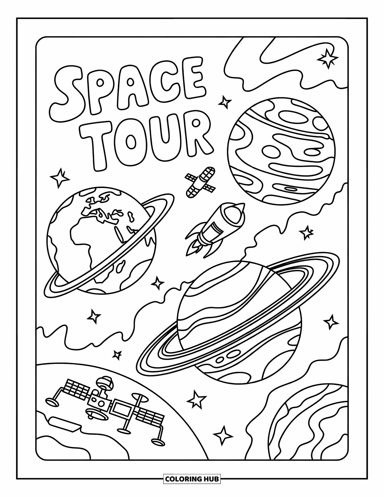 Coloriage de planète pour enfants : Une affiche de visite spatiale montre la Terre, Mars et Neptune avec des étoiles, des rovers et des anneaux tourbillonnants