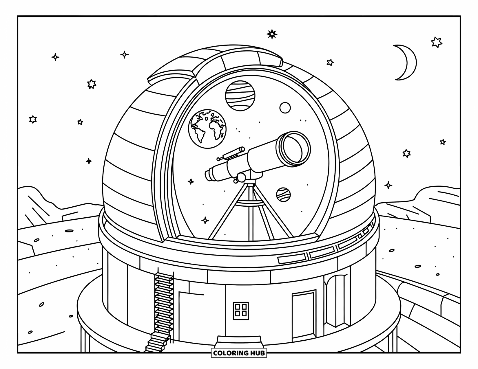 Coloriage de planète pour enfants : Un dôme de télescope avec des fenêtres et une échelle montre la Terre, Uranus et Neptune sous un ciel étoilé