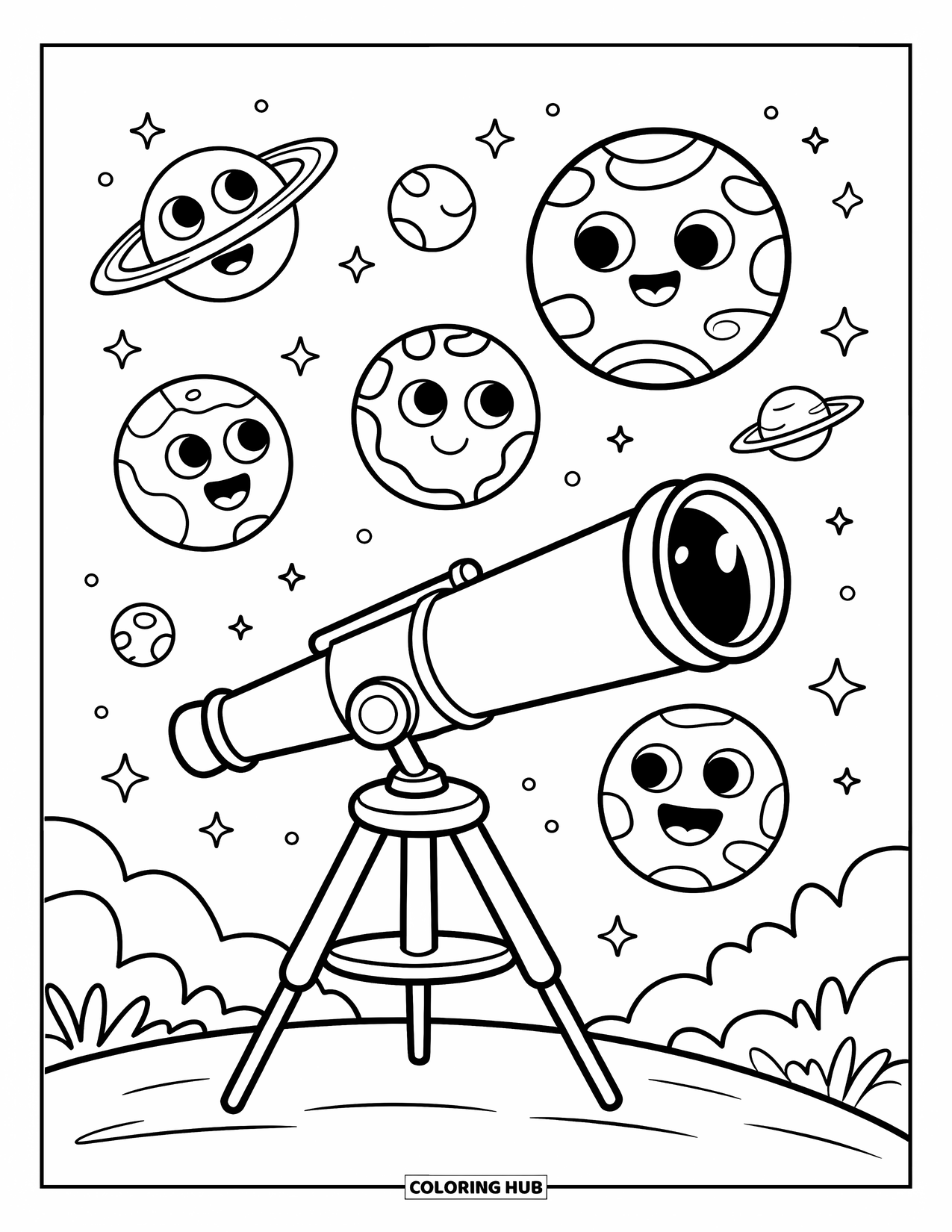 Coloriage de planète pour enfants : Un télescope regarde des planètes souriantes flottant joyeusement dans le ciel étoilé