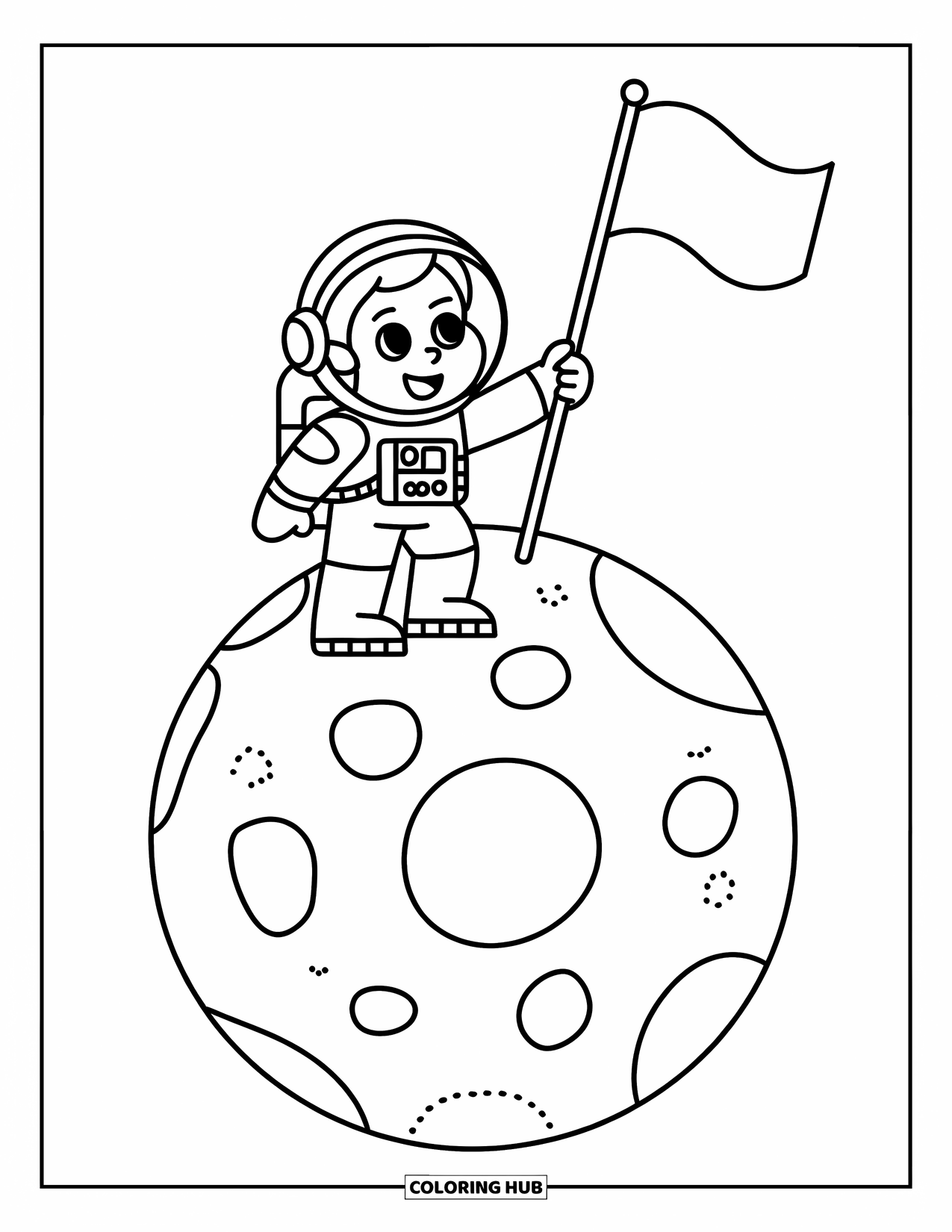 Coloriage de planète pour enfants : Un minuscule astronaute plante un drapeau sur une planète ronde remplie de tourbillons et de joyeuses formes de cratères