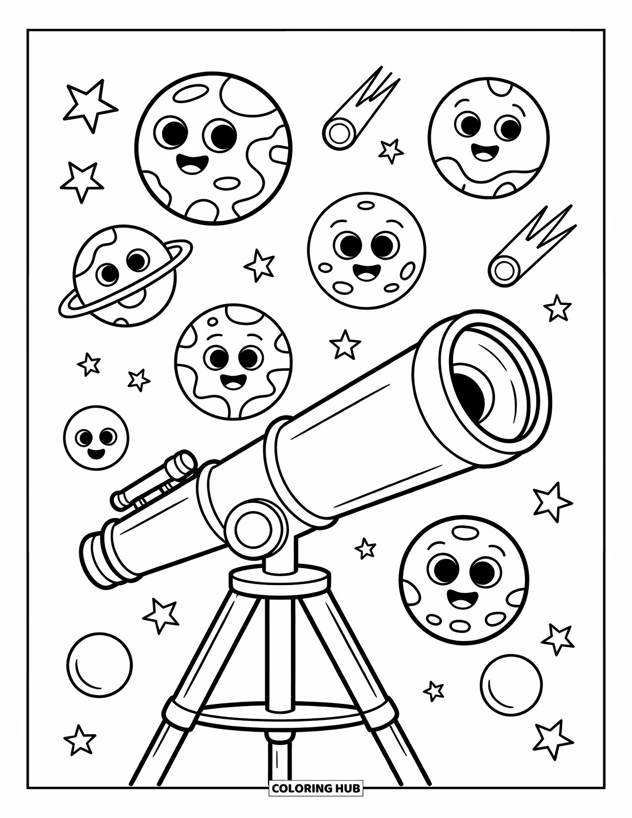 Coloriage de planète pour enfants : Un télescope vintage pointe vers des planètes ludiques avec des visages, des étoiles et des traînées scintillantes