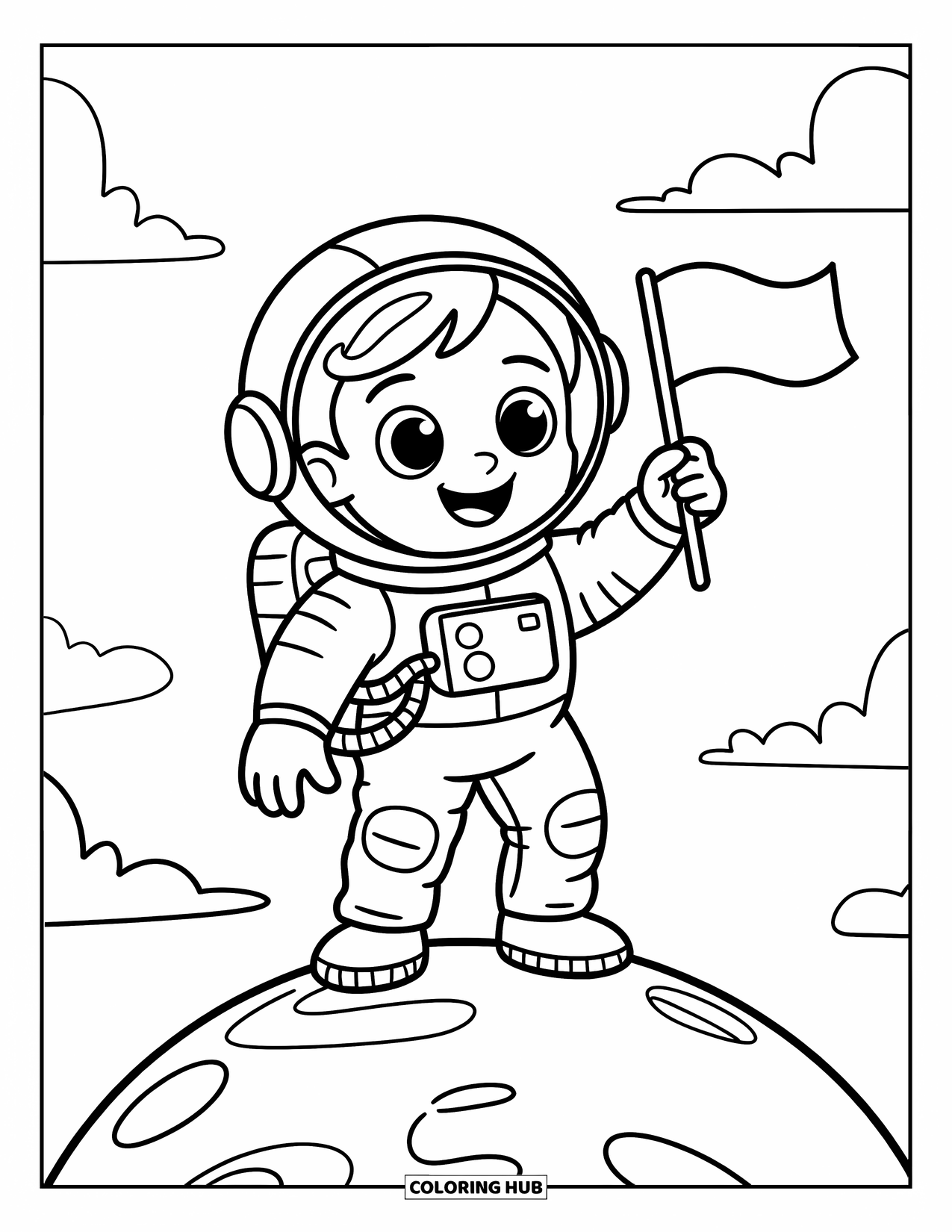 Coloriage de planète pour enfants : Un astronaute qui fait signe se tient sur un petit monde rond, tenant un drapeau tandis que des nuages ​​souriants dérivent
