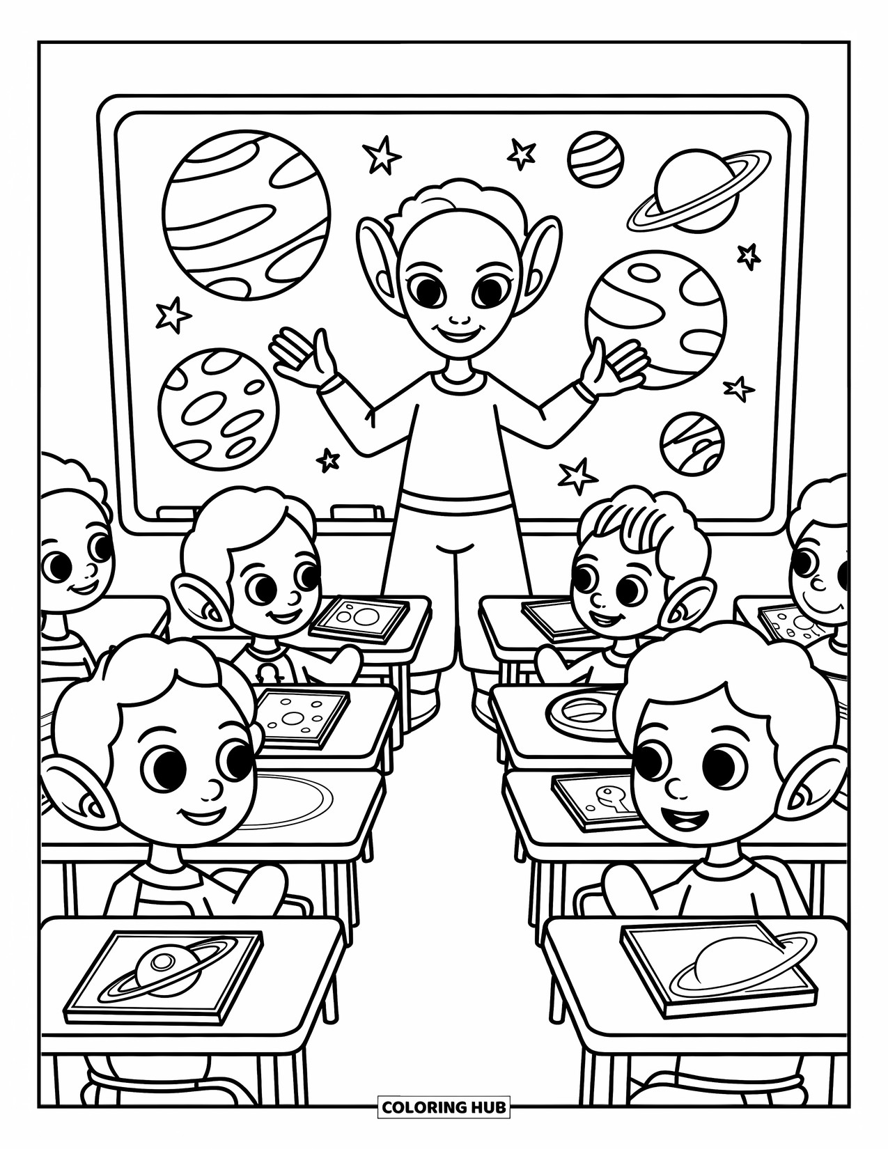 Coloriage de planète pour enfants : Des élèves extraterrestres découvrent les planètes grâce à un enseignant souriant et un tableau détaillé du système solaire