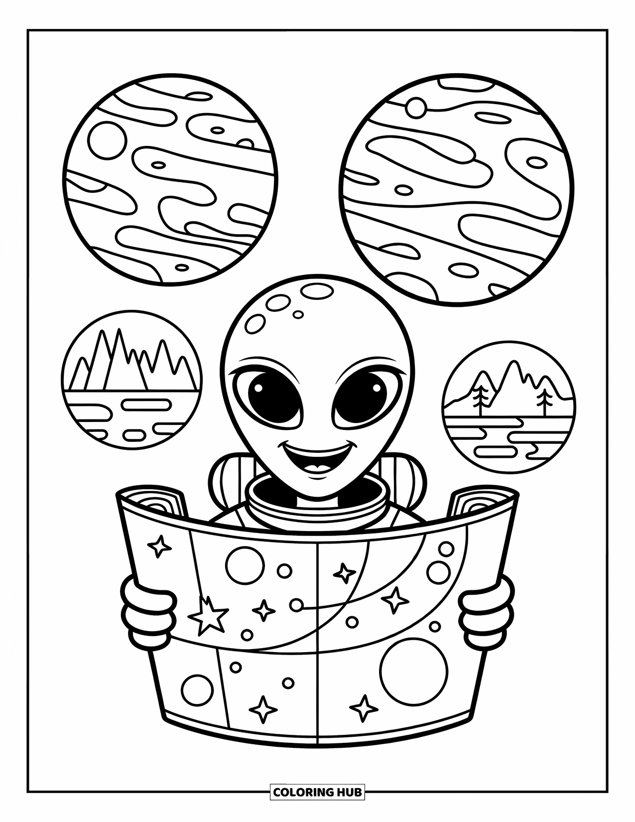Coloriage de planète pour enfants : Un extraterrestre avec un sac à dos sourit en cartographiant trois planètes avec des montagnes, des villes et des forêts