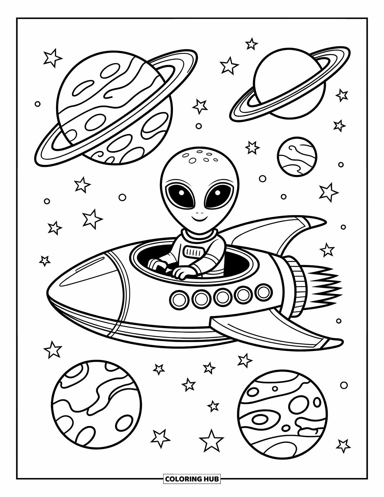 Coloriage de planète pour enfants : Un extraterrestre passe devant Jupiter et Saturne dans un vaisseau spatial avec de grandes fenêtres et des courbes audacieuses