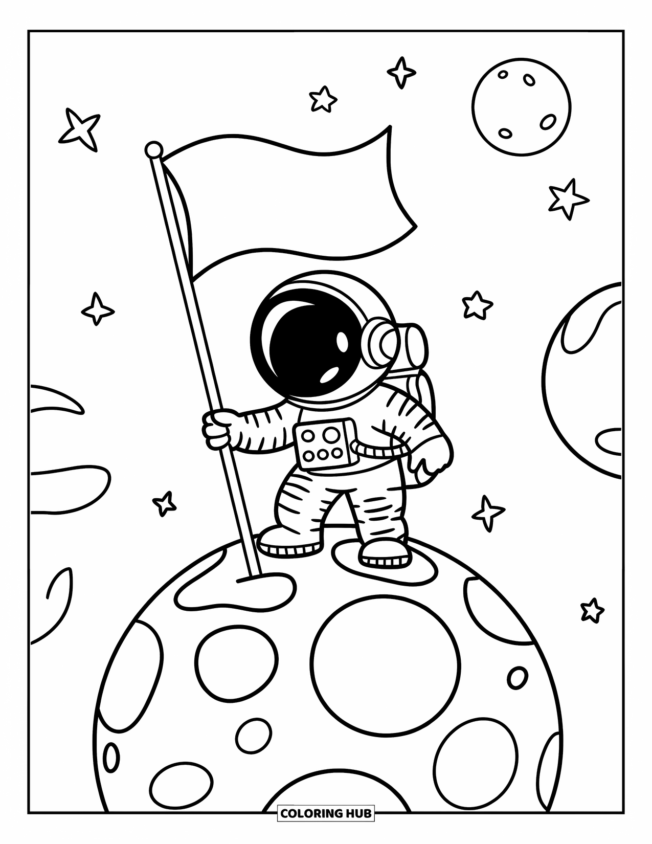 Coloriage de planète pour enfants : Un astronaute avec de grands yeux plante un drapeau sur une planète ronde tandis que des étoiles et une lune flottent à proximité
