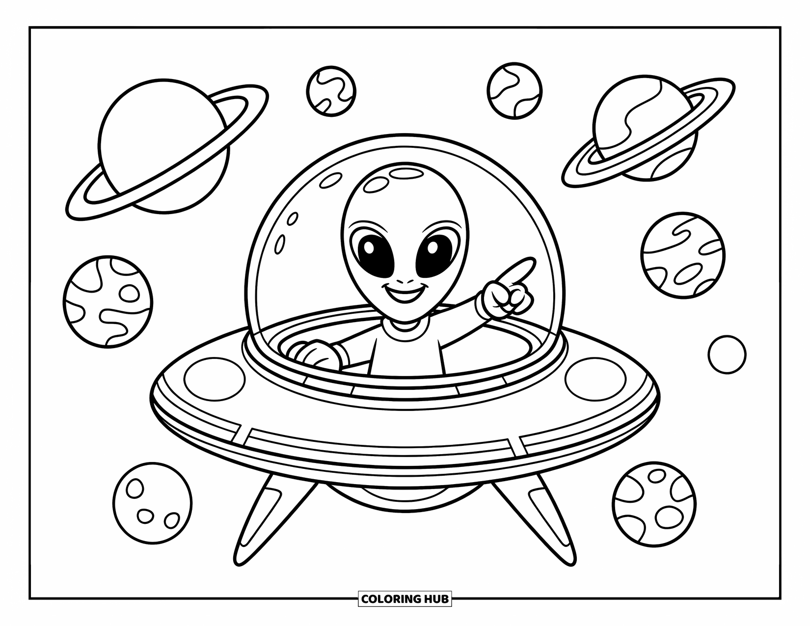 Coloriage de planète pour enfants : Un extraterrestre excité pointe devant son vaisseau spatial, souriant à la ligne de planètes en vue