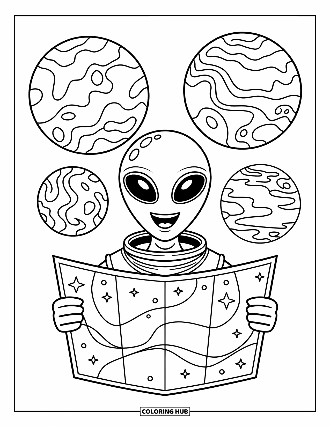 Coloriage de planète pour enfants : Un extraterrestre expressif tient une carte remplie d’étoiles montrant des planètes tourbillonnantes, montagneuses et recouvertes d’océans
