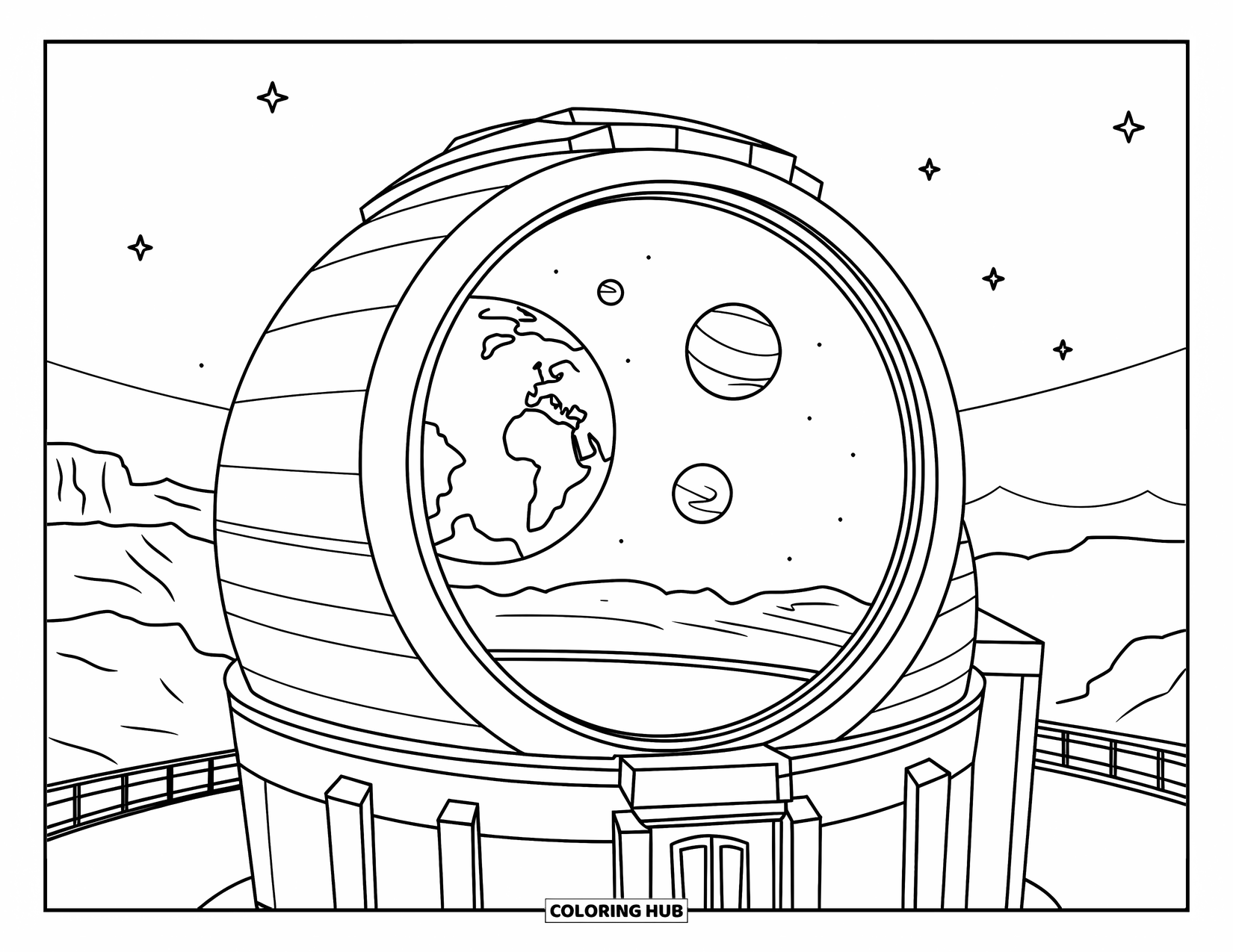 Coloriage de planète pour enfants : Un dôme d’observatoire révèle la Terre, Uranus et Neptune à travers son télescope géant