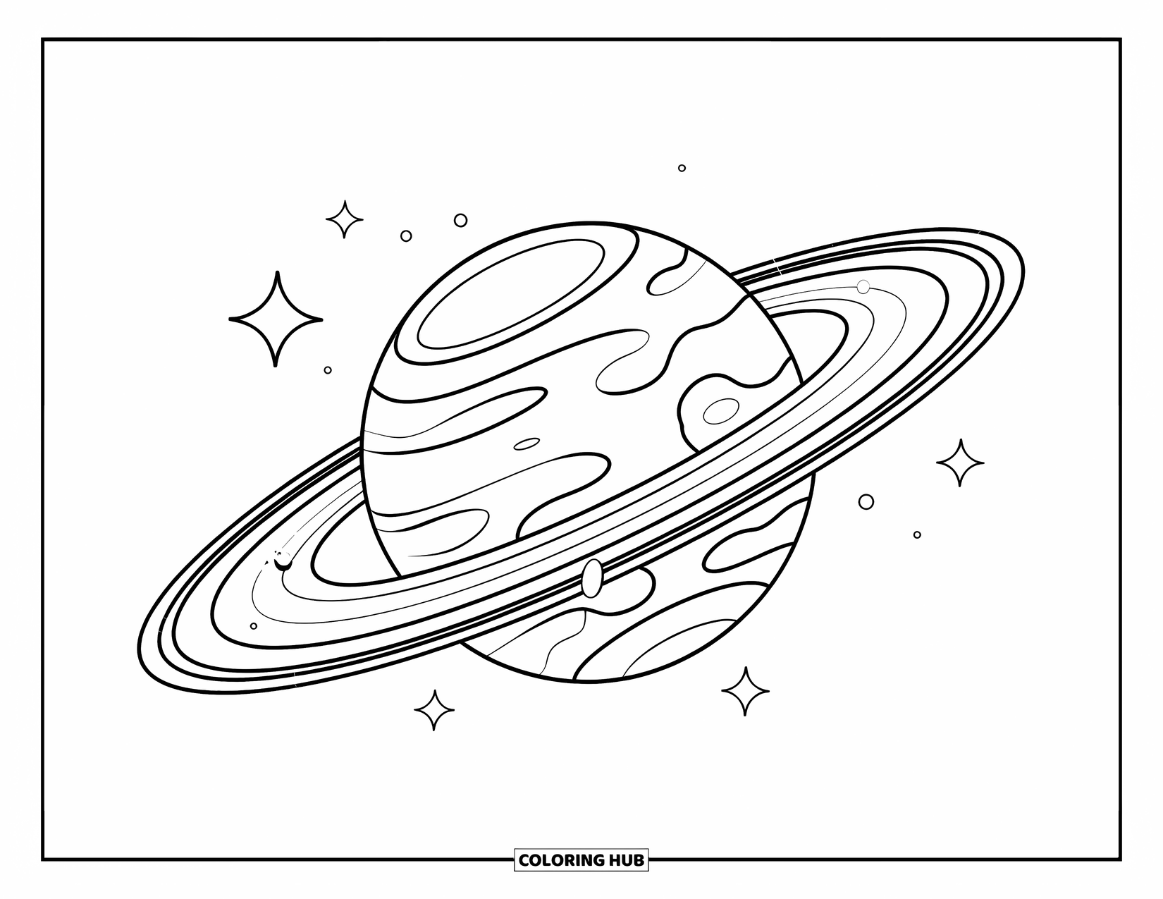 Coloriage de planète pour enfants : Des anneaux audacieux enveloppent Saturne, avec des lunes étiquetées et des étoiles scintillantes dans une disposition dynamique