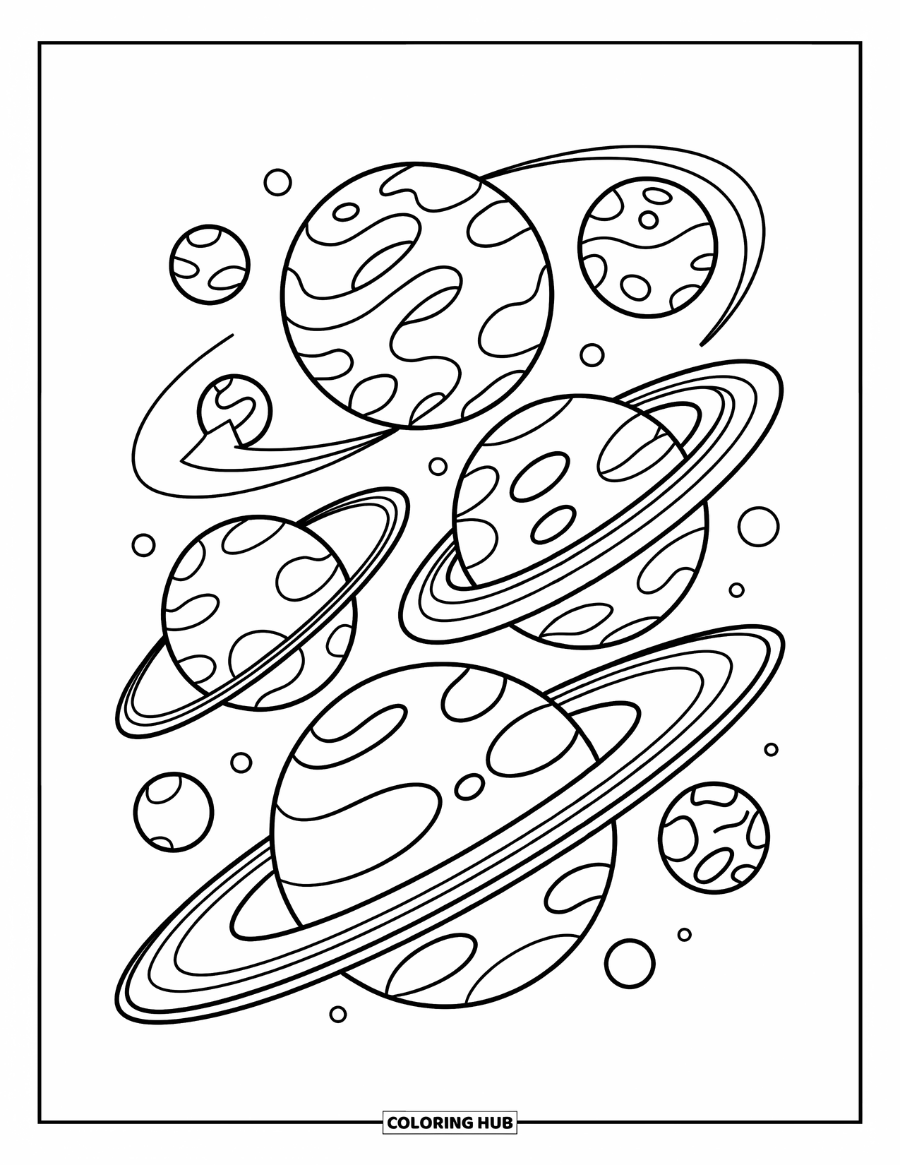 Coloriage de planète pour enfants : Des planètes incurvées avec des motifs détaillés et des lunes en orbite flottent parmi des satellites et des étoiles