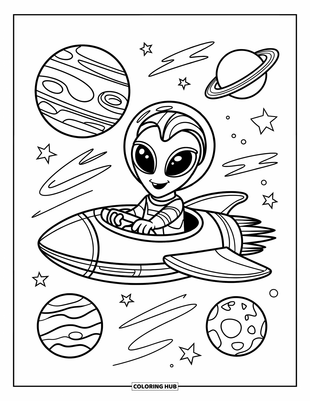 Coloriage de planète pour enfants : Un extraterrestre mignon guide un vaisseau spatial lisse devant des géantes gazeuses tourbillonnantes et des chemins lumineux