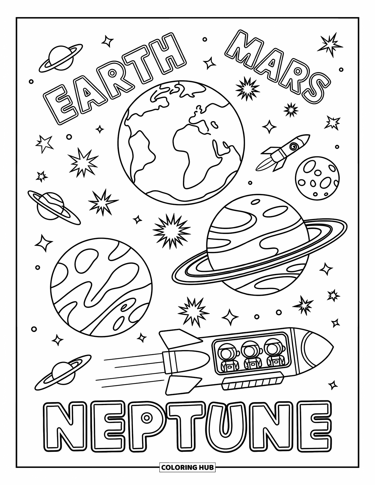 Coloriage de planète pour enfants : La Terre, Mars et Neptune apparaissent sur une affiche de tournée spatiale avec un vaisseau spatial et un texte ludique