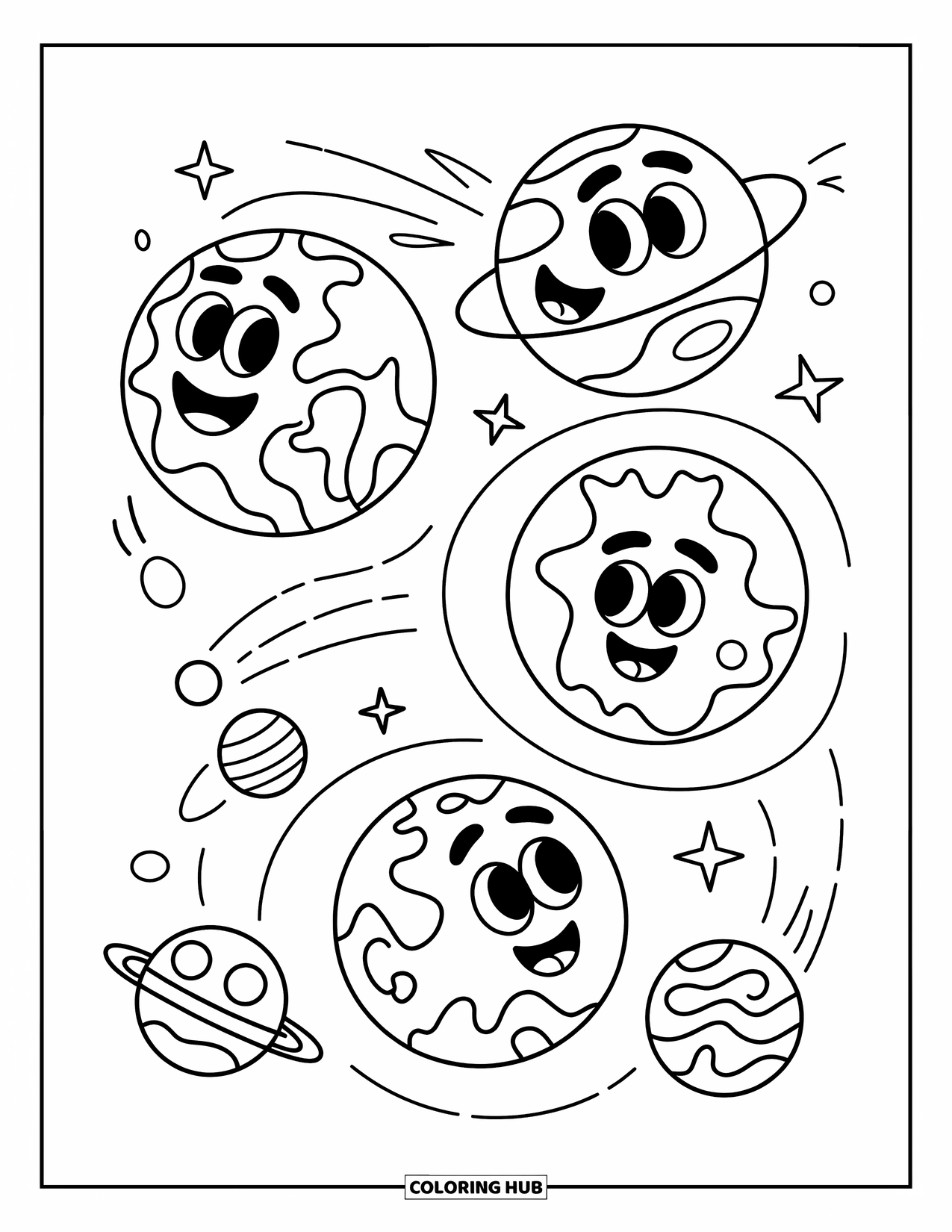 Coloriage de planète pour enfants : La Terre, Mars et Vénus tournent autour d’un soleil souriant avec des visages amicaux et des tirets d’orbite