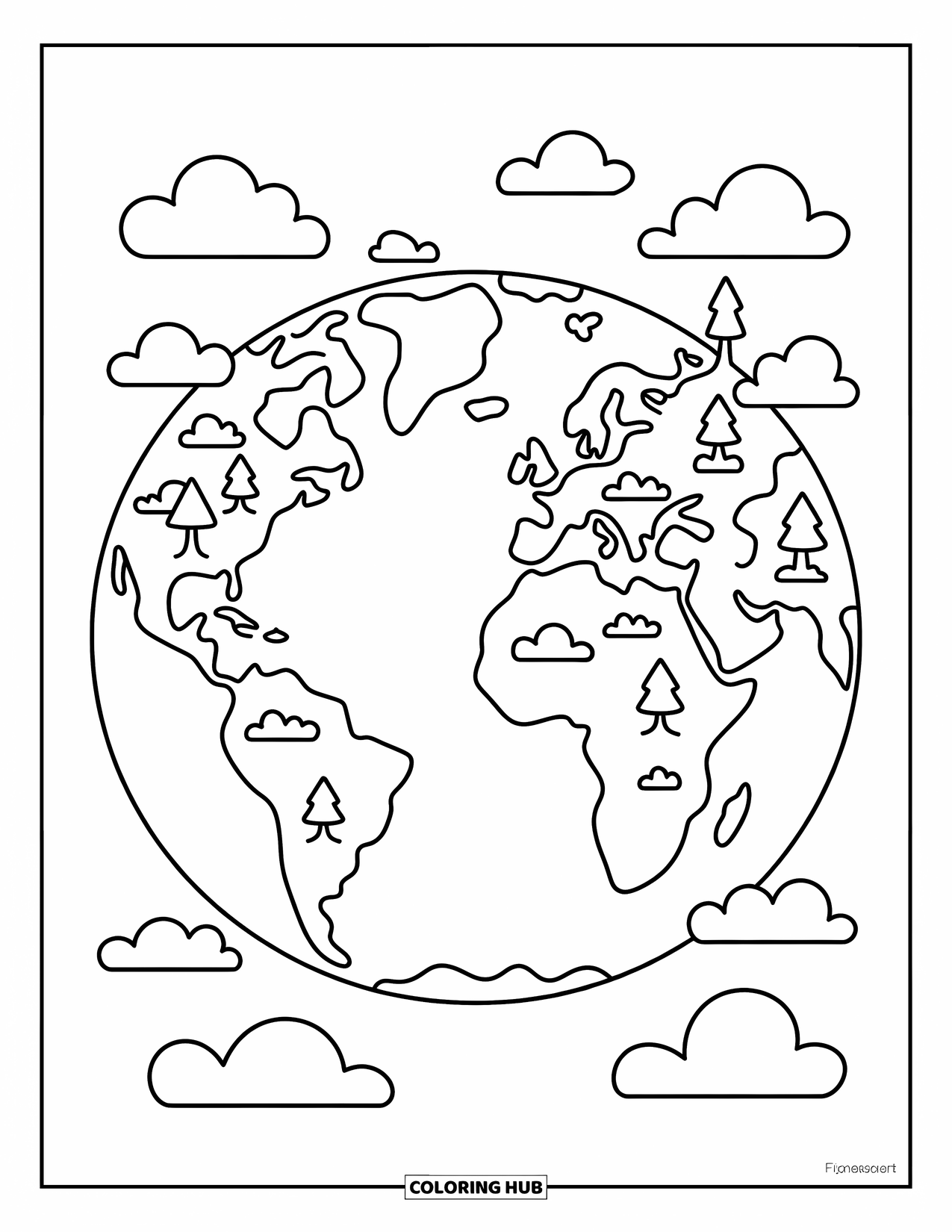 Coloriage de planète pour enfants : La Terre sourit avec des nuages ​​duveteux flottant autour de ses continents aux formes idiotes, de ses rivières et de ses minuscules arbres