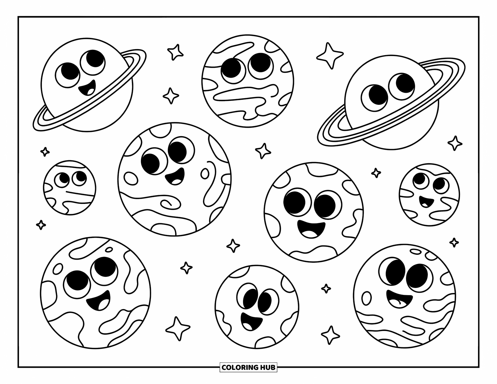 Coloriage de planète pour enfants : Huit planètes mignonnes dérivent dans l’espace, chacune avec un grand sourire et sa propre personnalité idiote