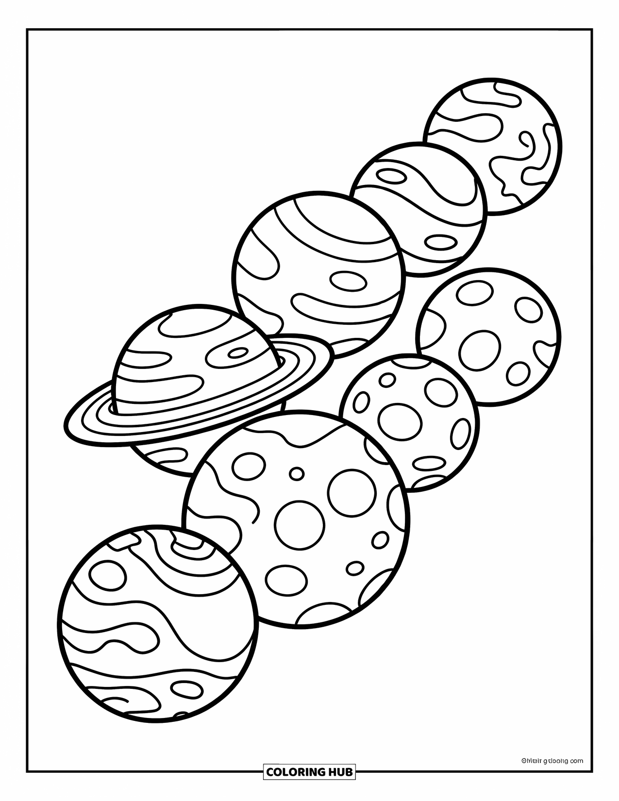 Coloriage de planète pour enfants : Huit planètes ludiques s’alignent dans des formes amusantes comme des étoiles, des lunes et des cœurs