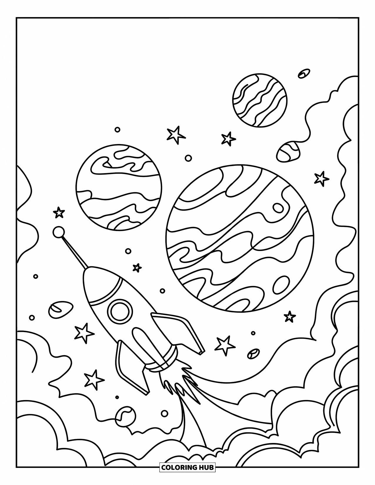 Coloriage de planète pour enfants : Des planètes amicales et une fusée joyeuse dérivent dans l’espace entourées d’étoiles et de tourbillons