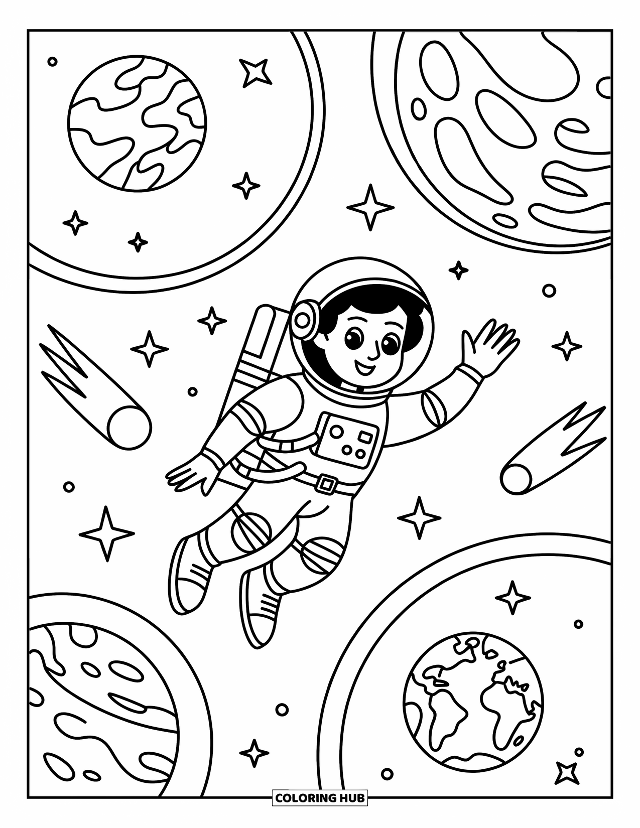 Coloriage de planète pour enfants : Un explorateur en jetpack dérive devant la Terre et Mars avec des étoiles, des orbites et des satellites qui les entourent