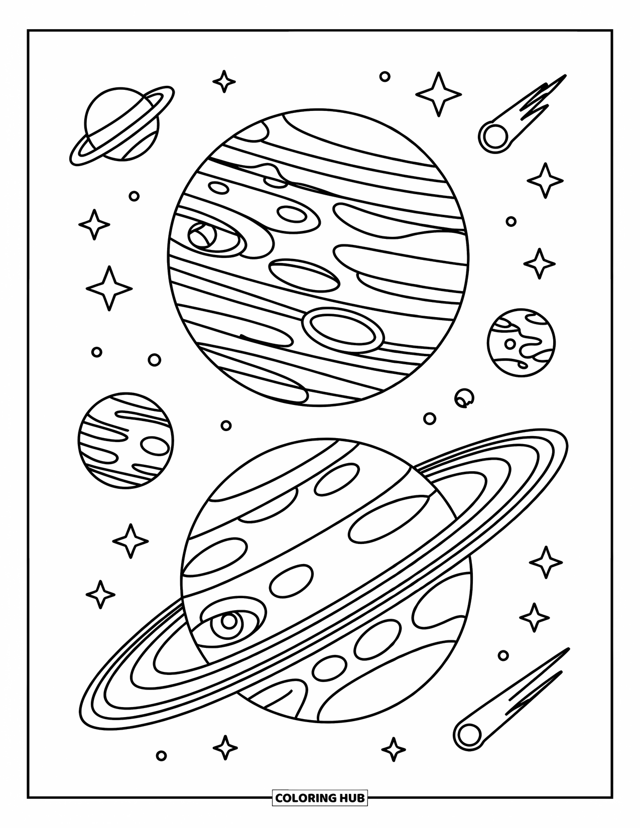 Coloriage de planète pour enfants : Jupiter et Saturne flottent côte à côte avec des lunes joyeuses et des détails spatiaux tourbillonnants