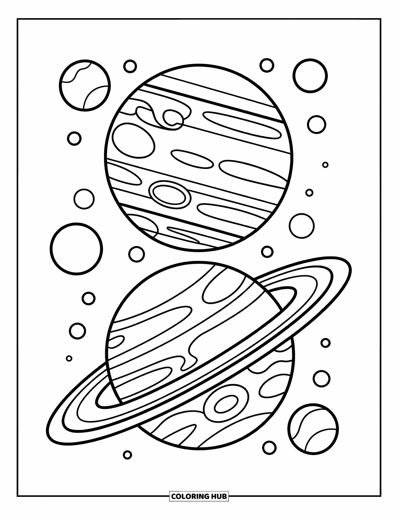 Coloriage de planète pour enfants : Jupiter et Saturne partagent l’espace avec des lunes joyeuses et des détails amusants en orbite autour d’eux
