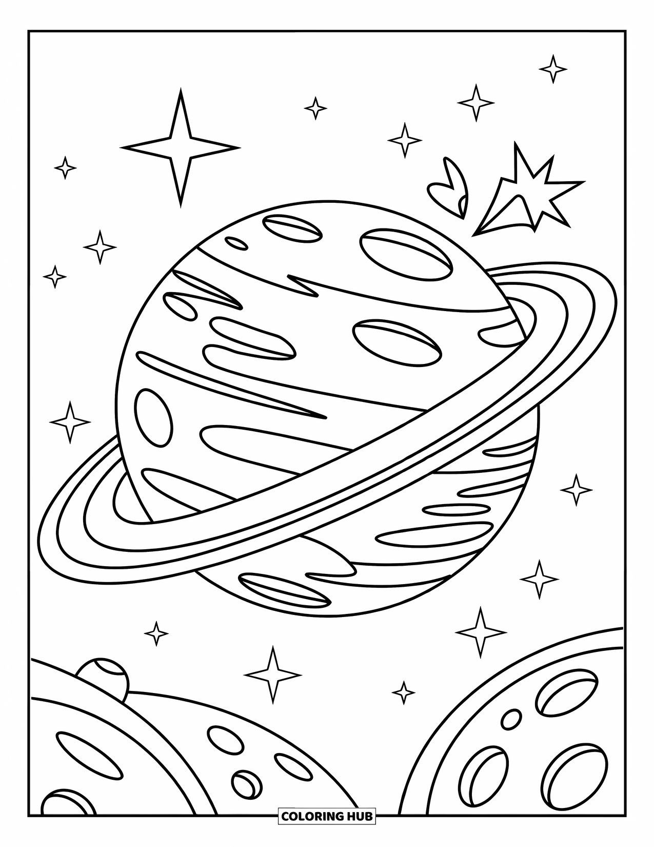 Coloriage de planète pour enfants : Mercure traverse l’espace en portant une cape et une couronne, avec des étoiles scintillantes en arrière-plan