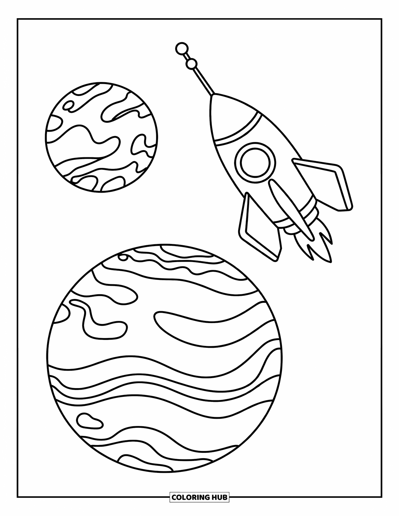 Coloriage de planète pour enfants : Neptune et Uranus traînent avec une fusée amusante dans une scène spatiale pleine de charme